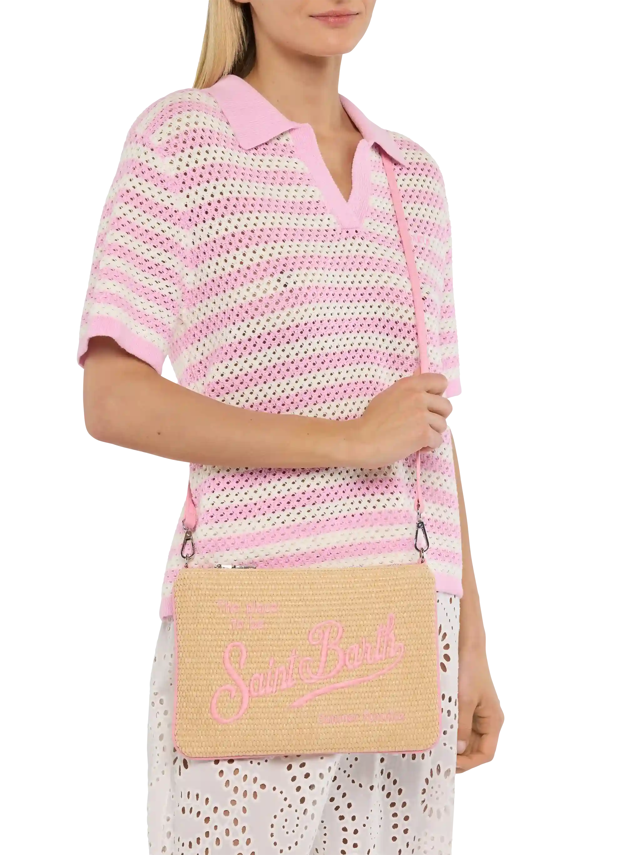 Parisienne Straw effect pouch bag with pink details - Image 2