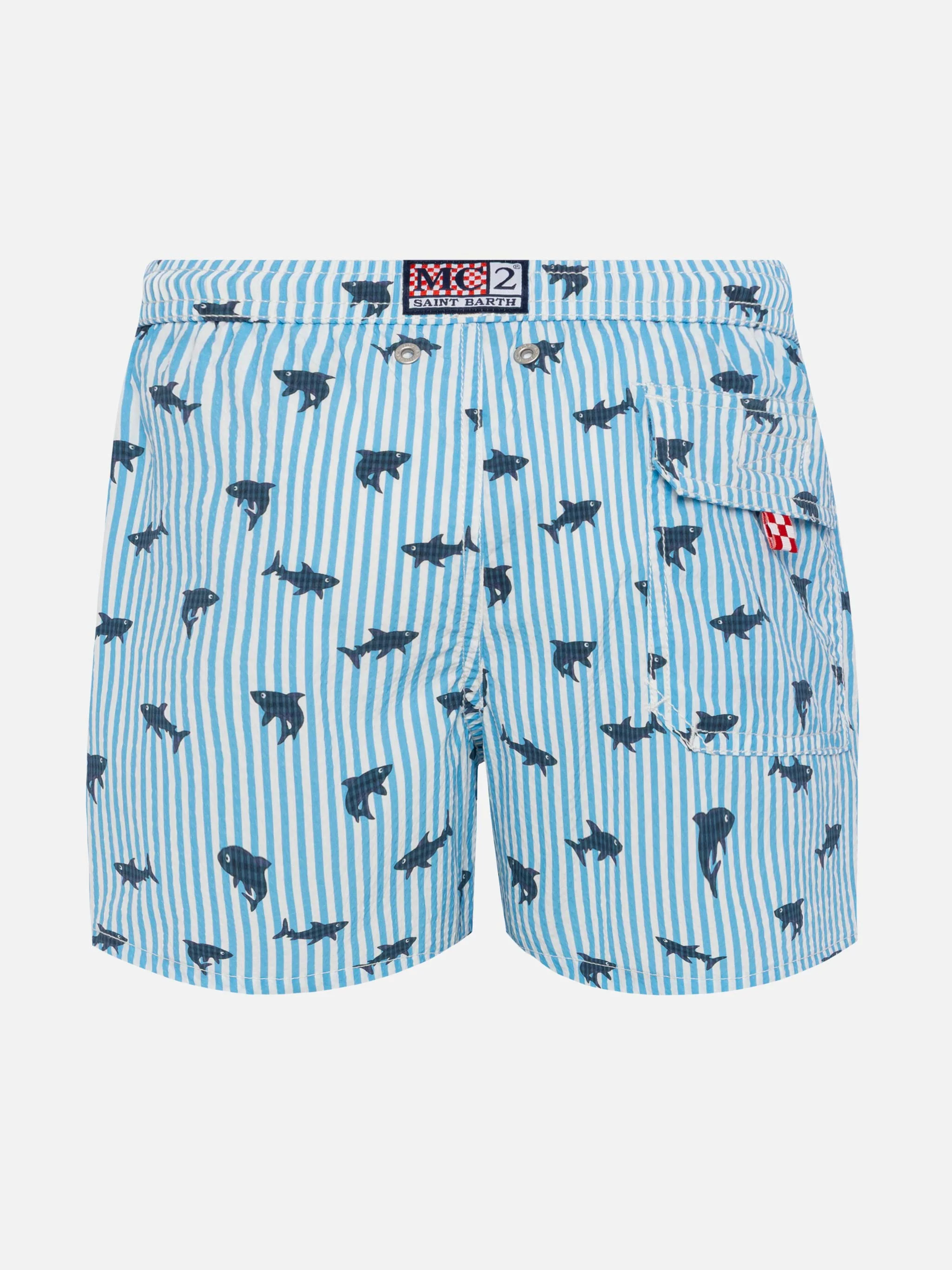 Patmos Jr seersucker striped mid-length swim shorts with shark print - Image 2