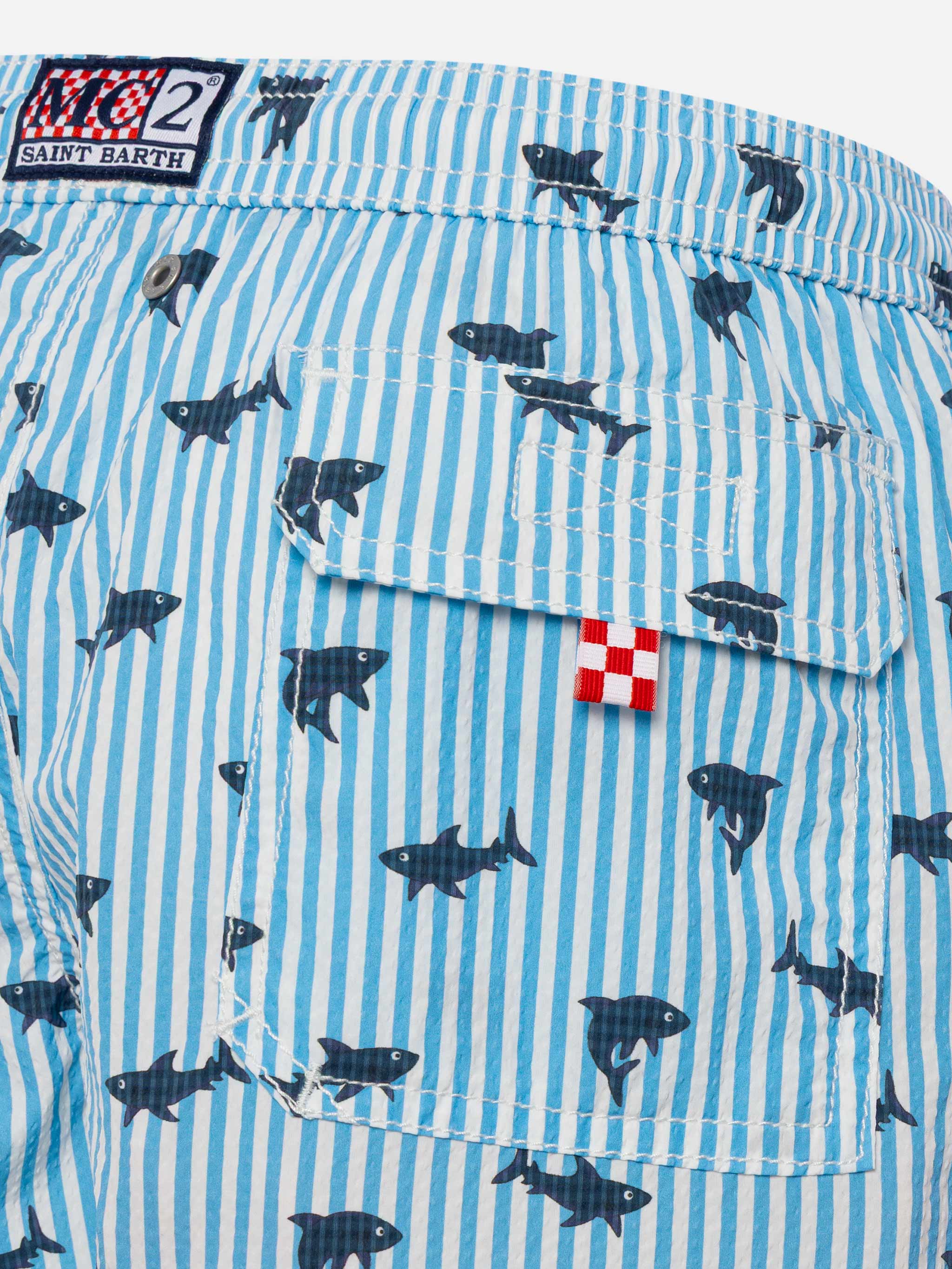 Patmos Jr seersucker striped mid-length swim shorts with shark print - Image 3