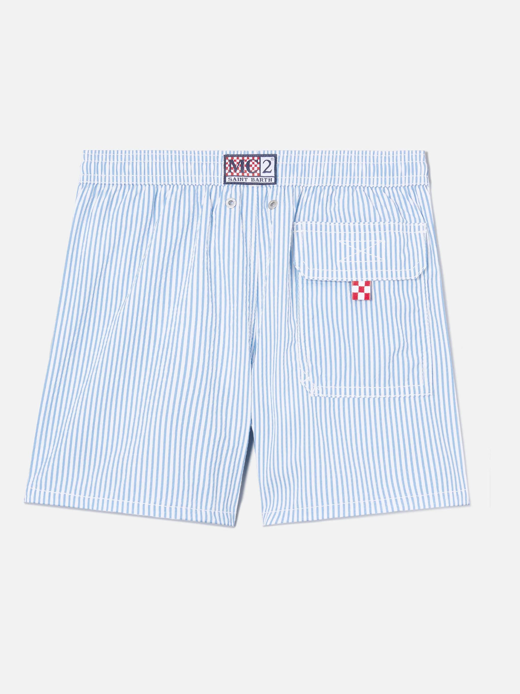 Patmos Jr seersucker swim shorts striped with St. Barth embroidery - Image 2
