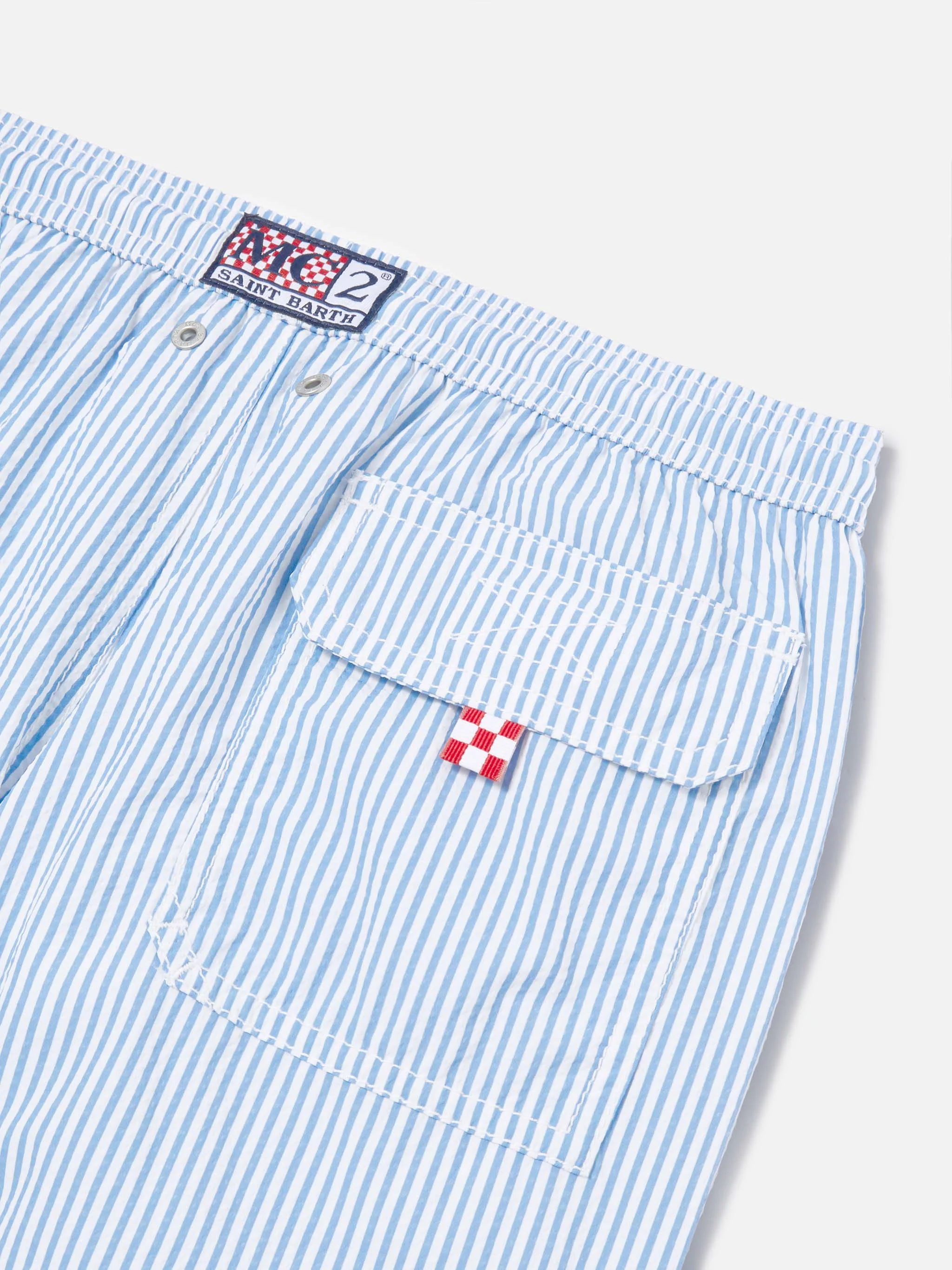 Patmos Jr seersucker swim shorts striped with St. Barth embroidery - Image 3