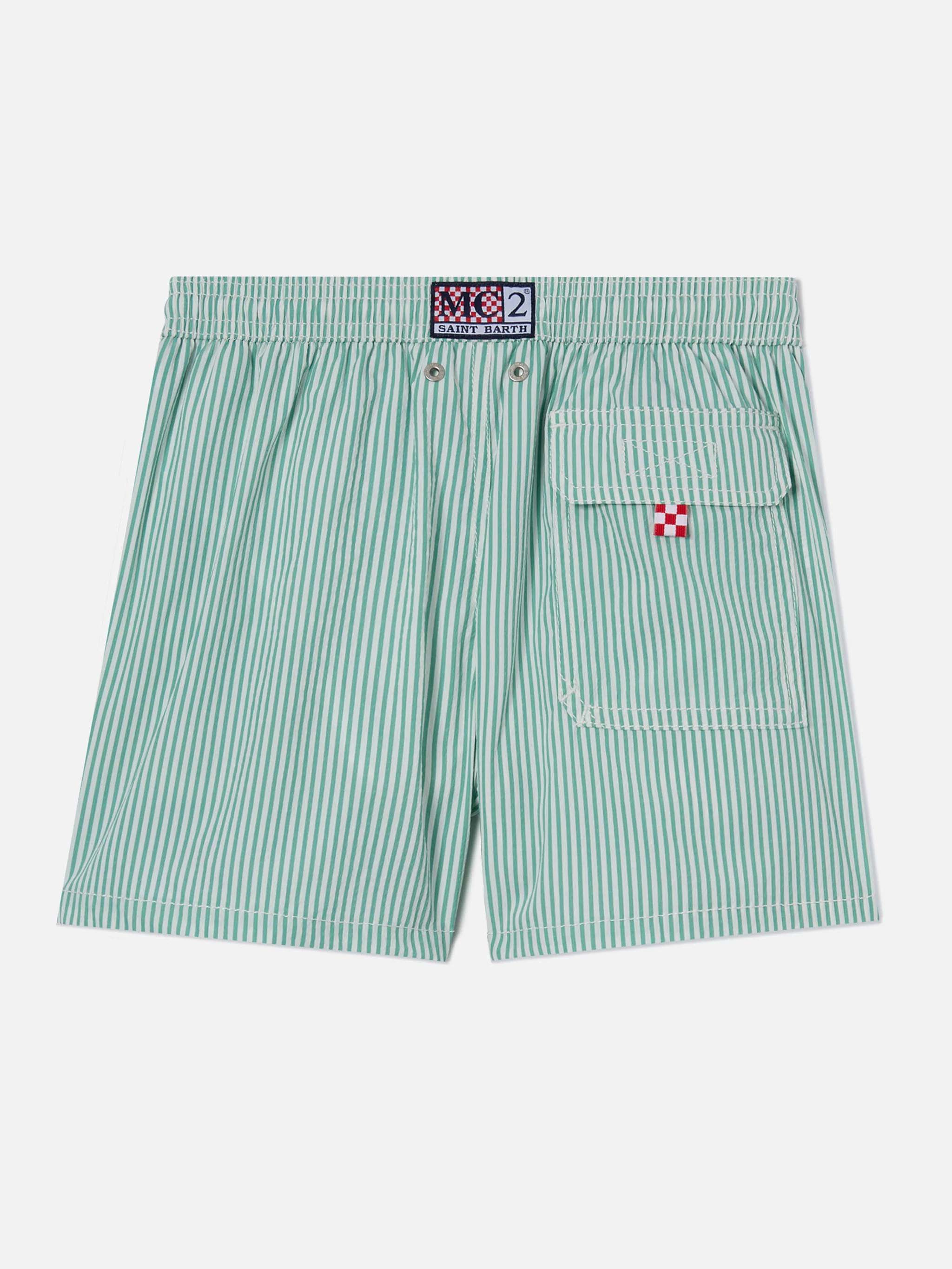 Patmos Jr seersucker swim shorts striped with St. Barth embroidery - Image 2