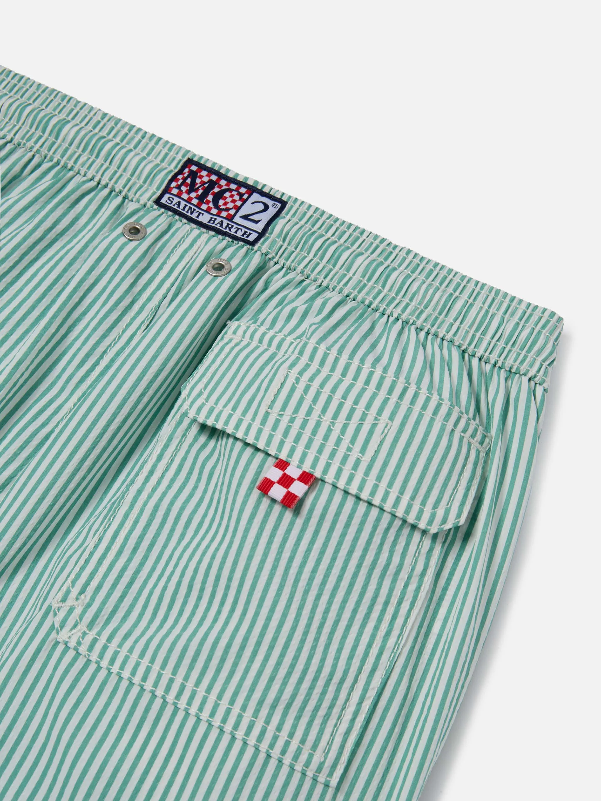Patmos Jr seersucker swim shorts striped with St. Barth embroidery - Image 3