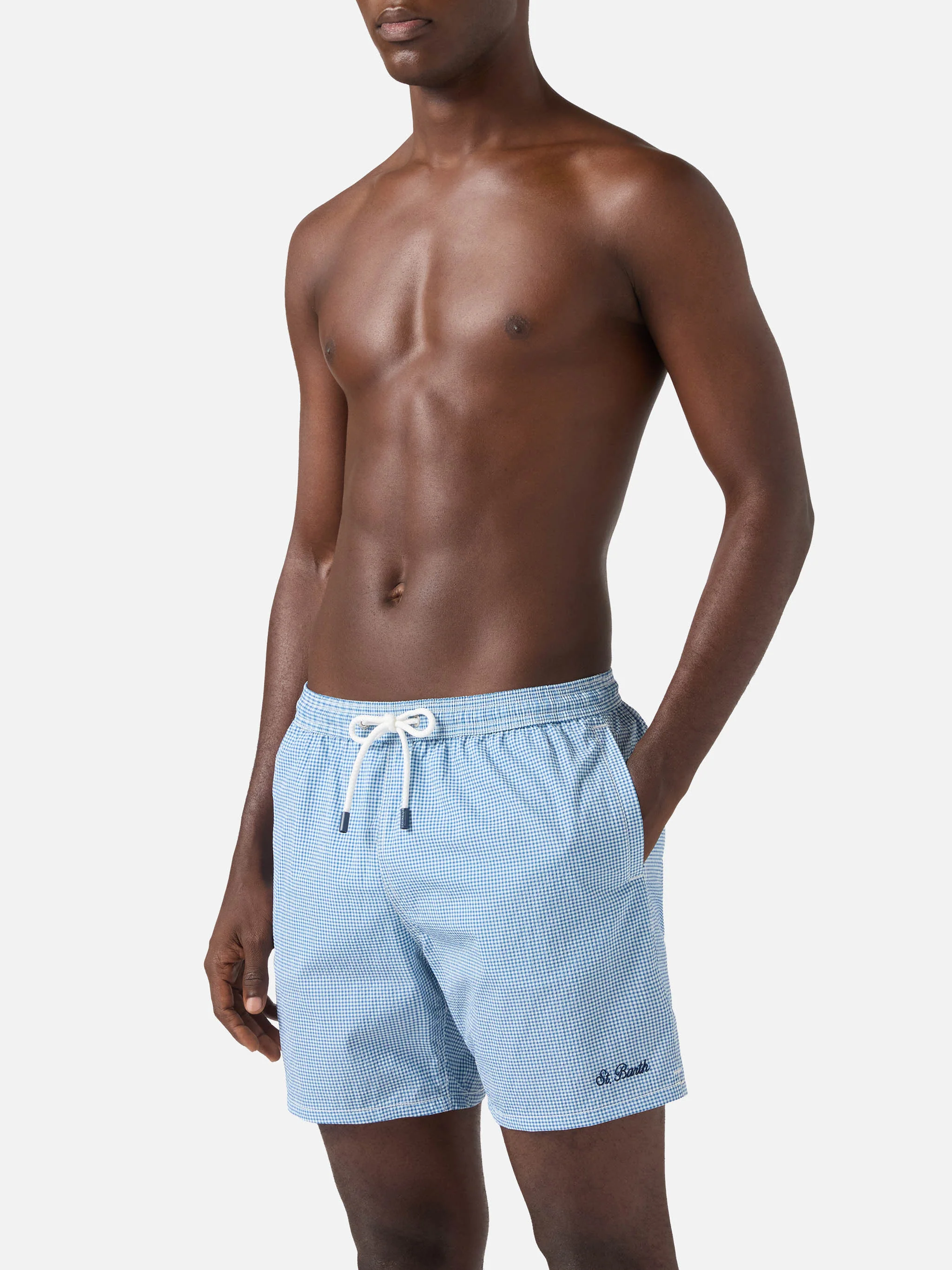 Patmos seersucker gingham swim shorts in blue and white - Image 3