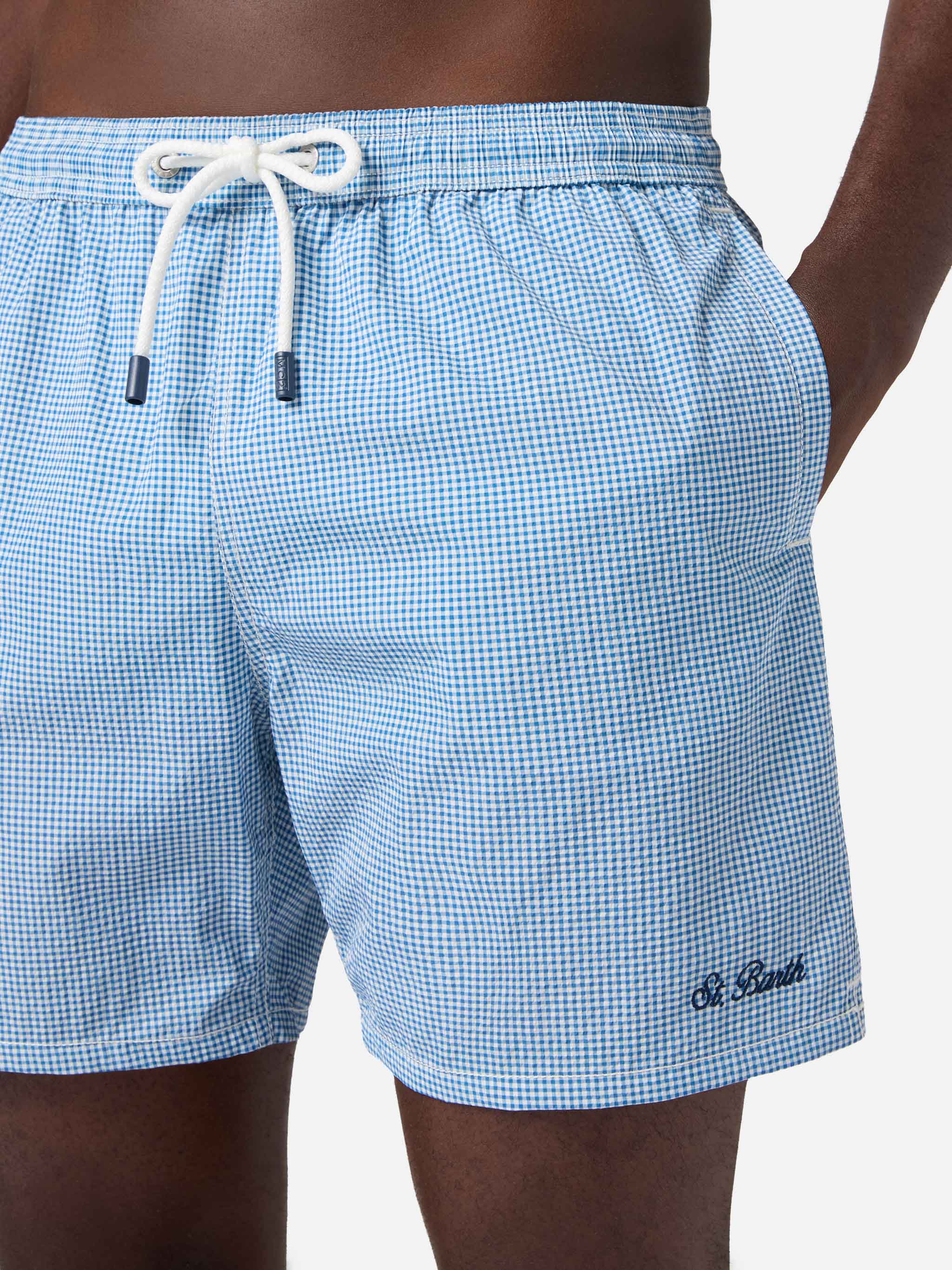 Patmos seersucker gingham swim shorts in blue and white - Image 4
