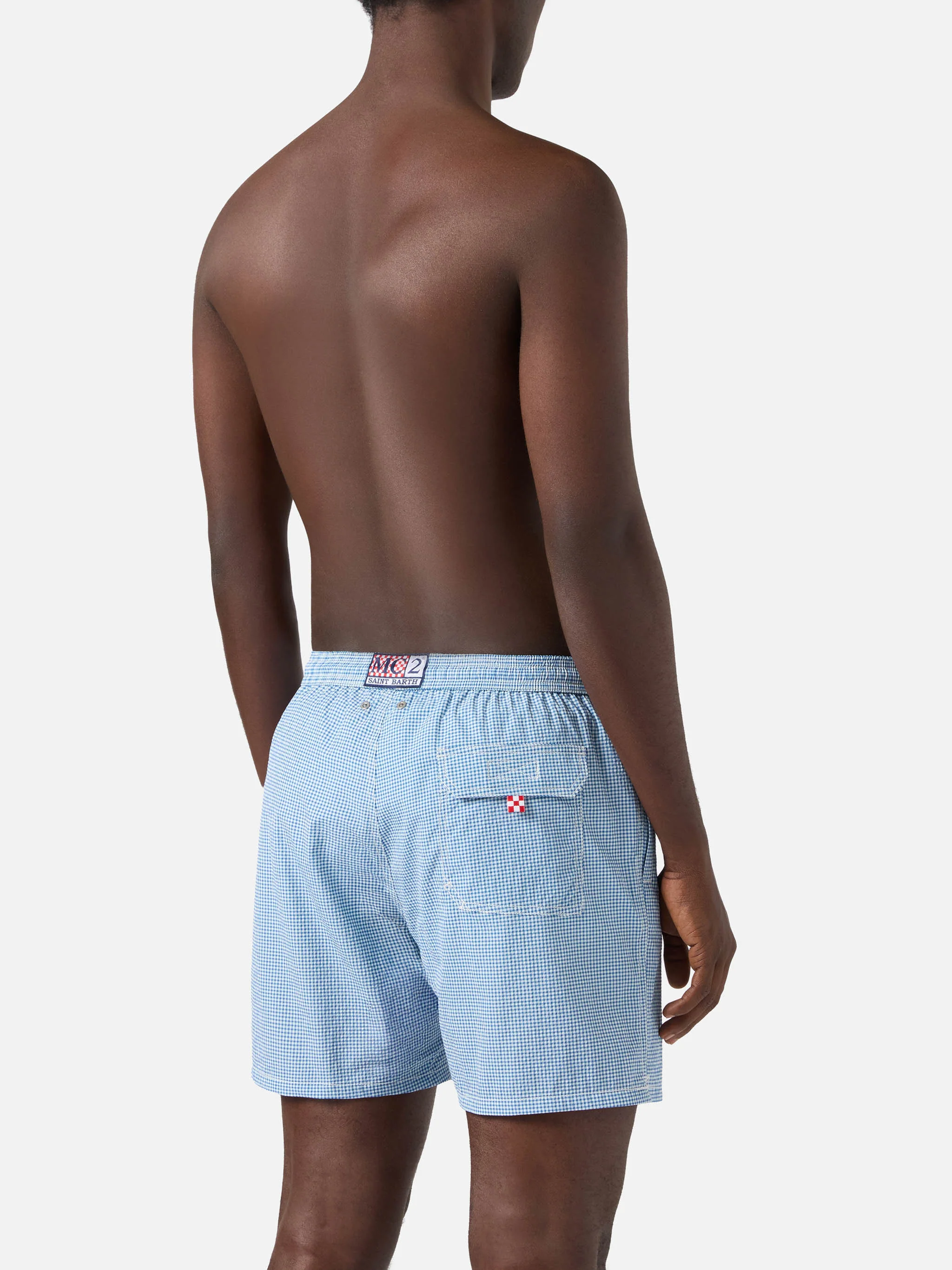 Patmos seersucker gingham swim shorts in blue and white - Image 5