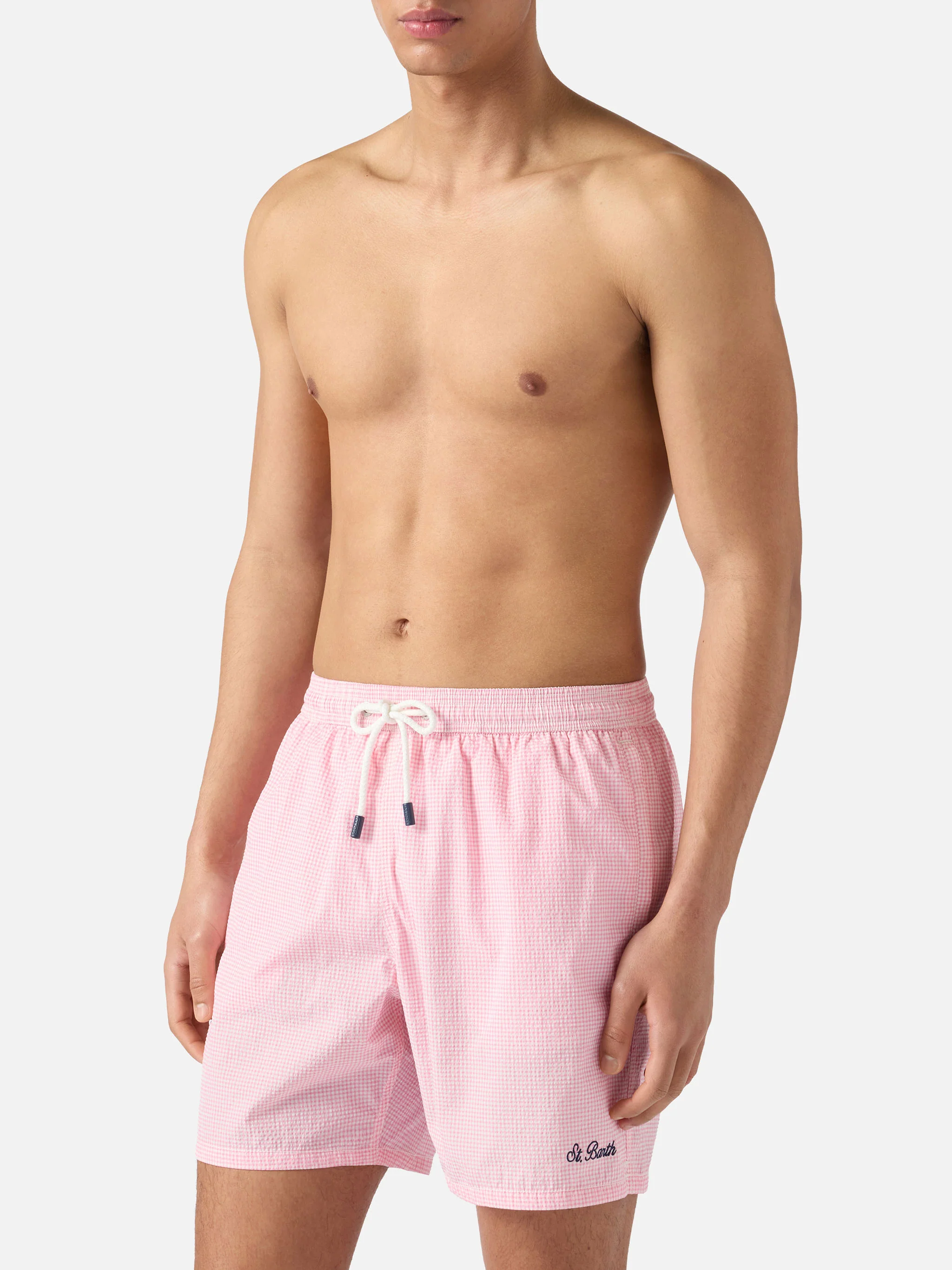 Patmos seersucker gingham swim shorts in pink and white - Image 3