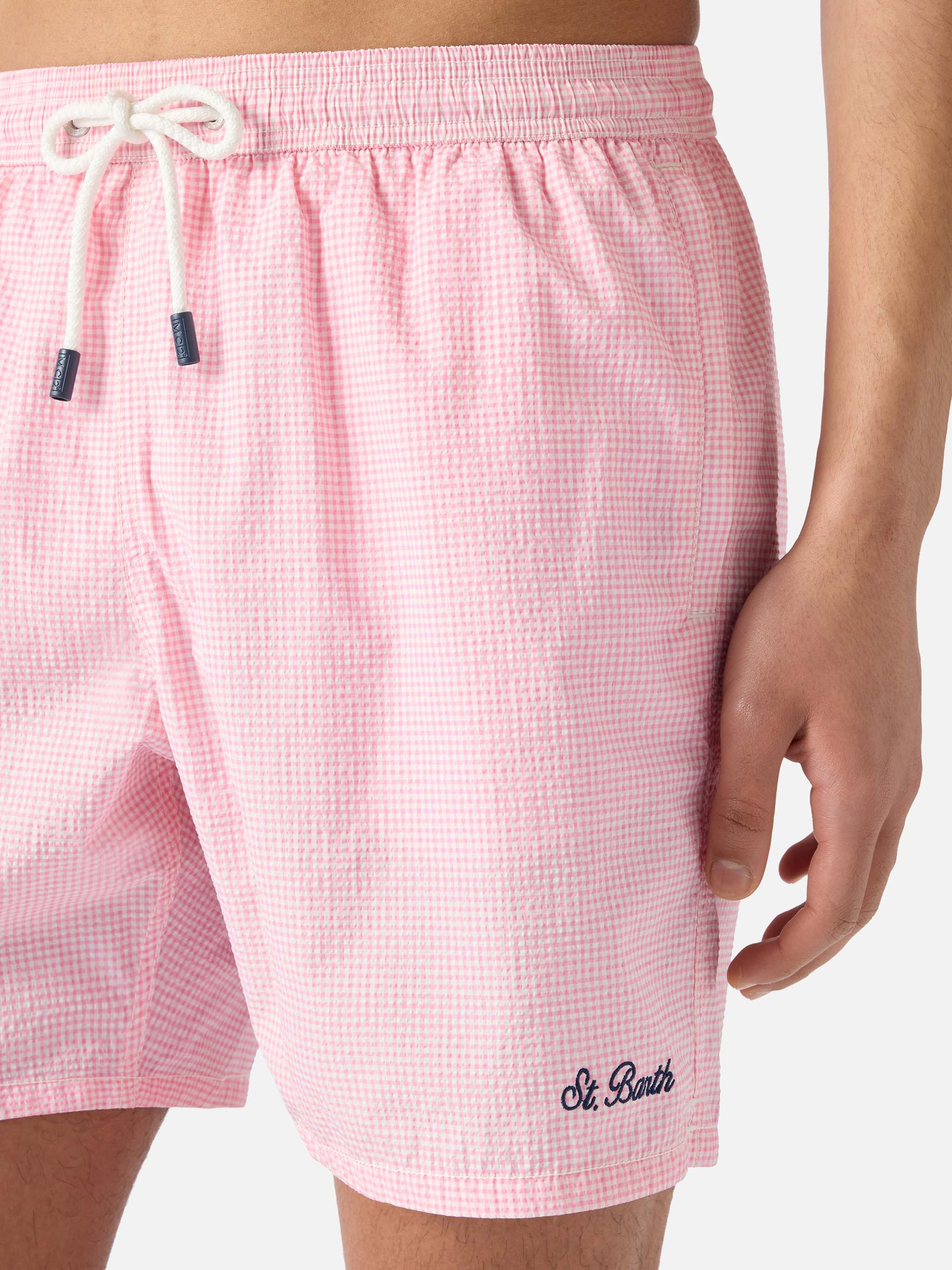 Patmos seersucker gingham swim shorts in pink and white - Image 4