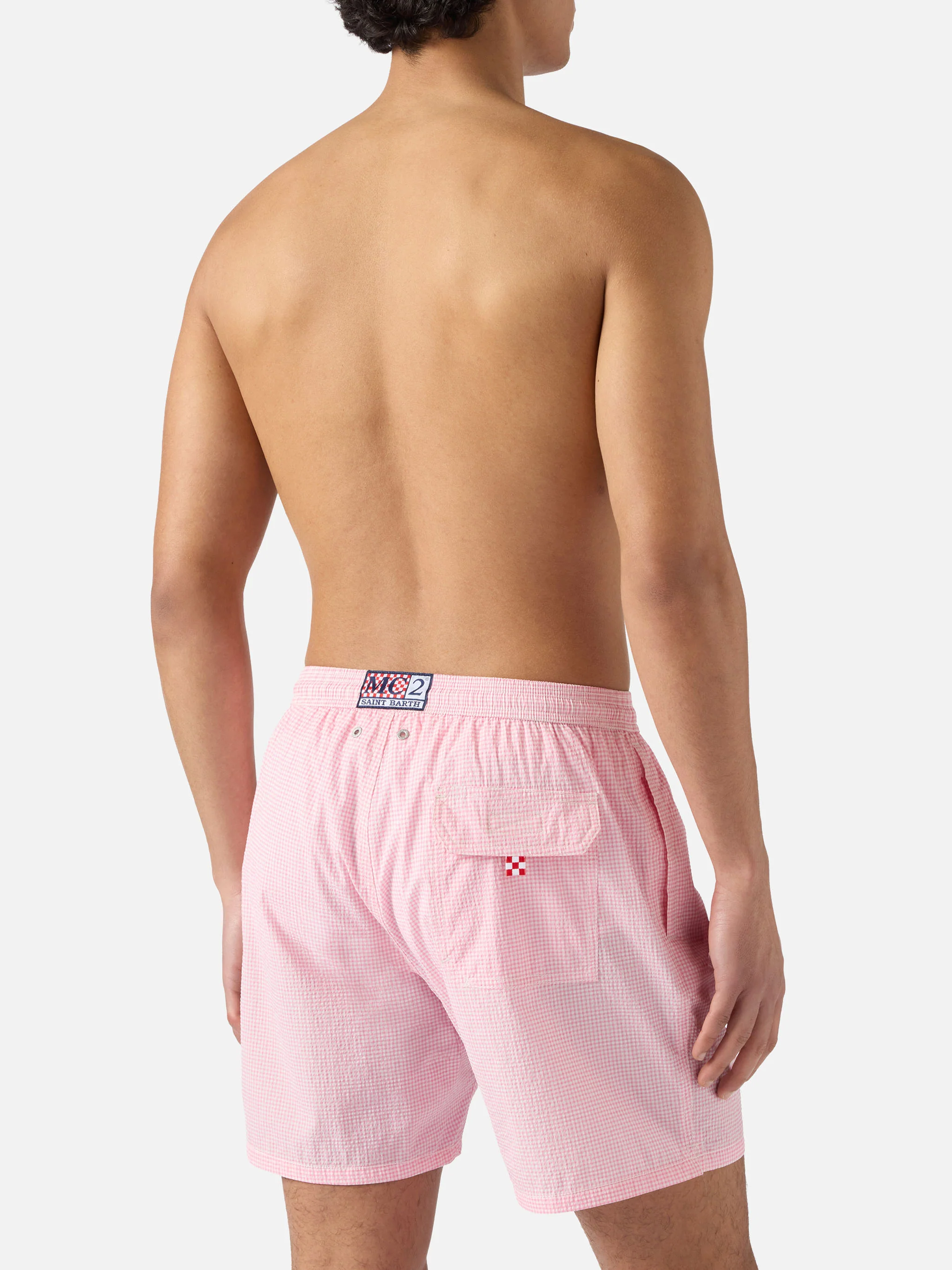 Patmos seersucker gingham swim shorts in pink and white - Image 5