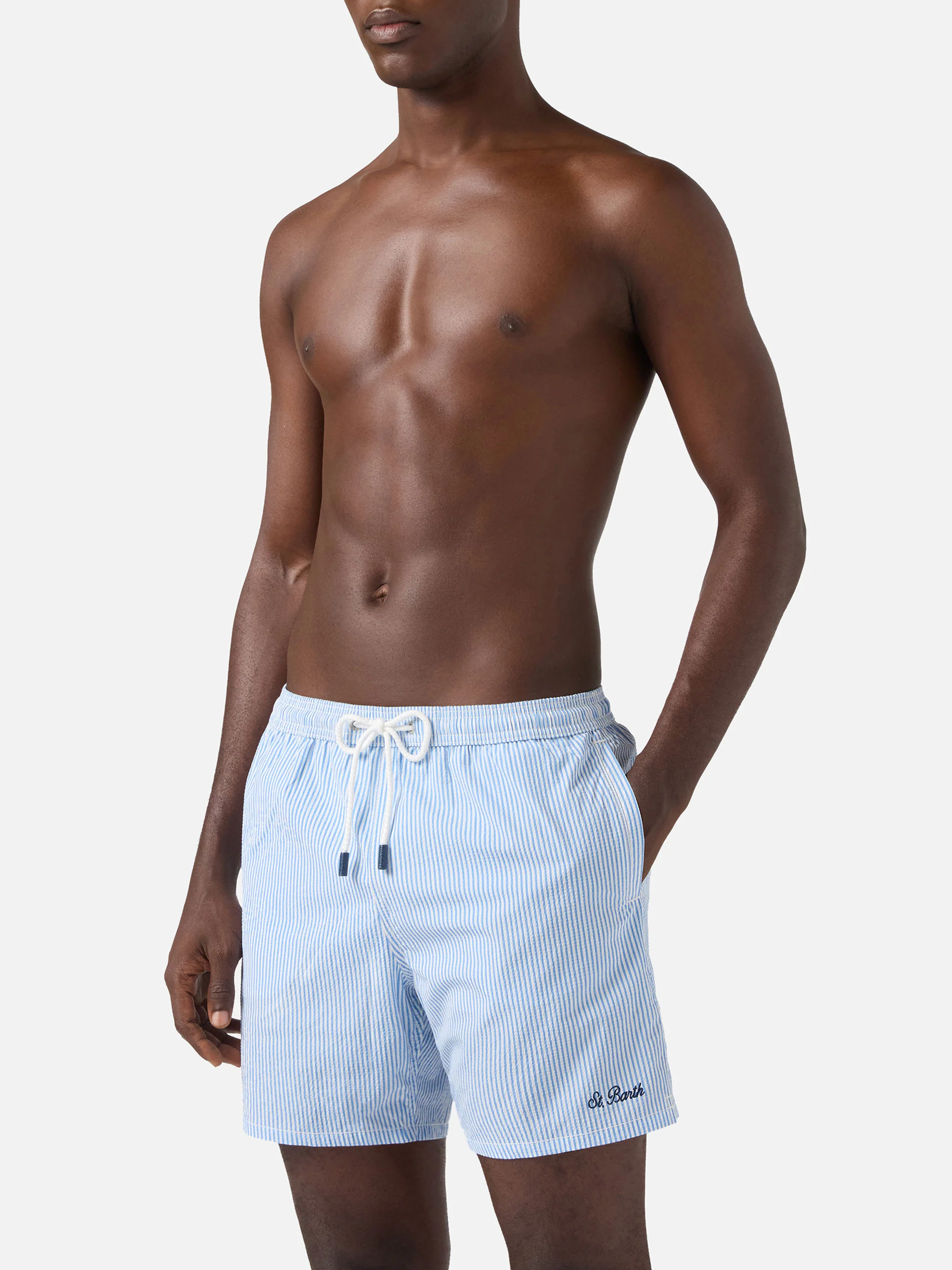 Patmos seersucker striped swim shorts in blue and white - Image 3