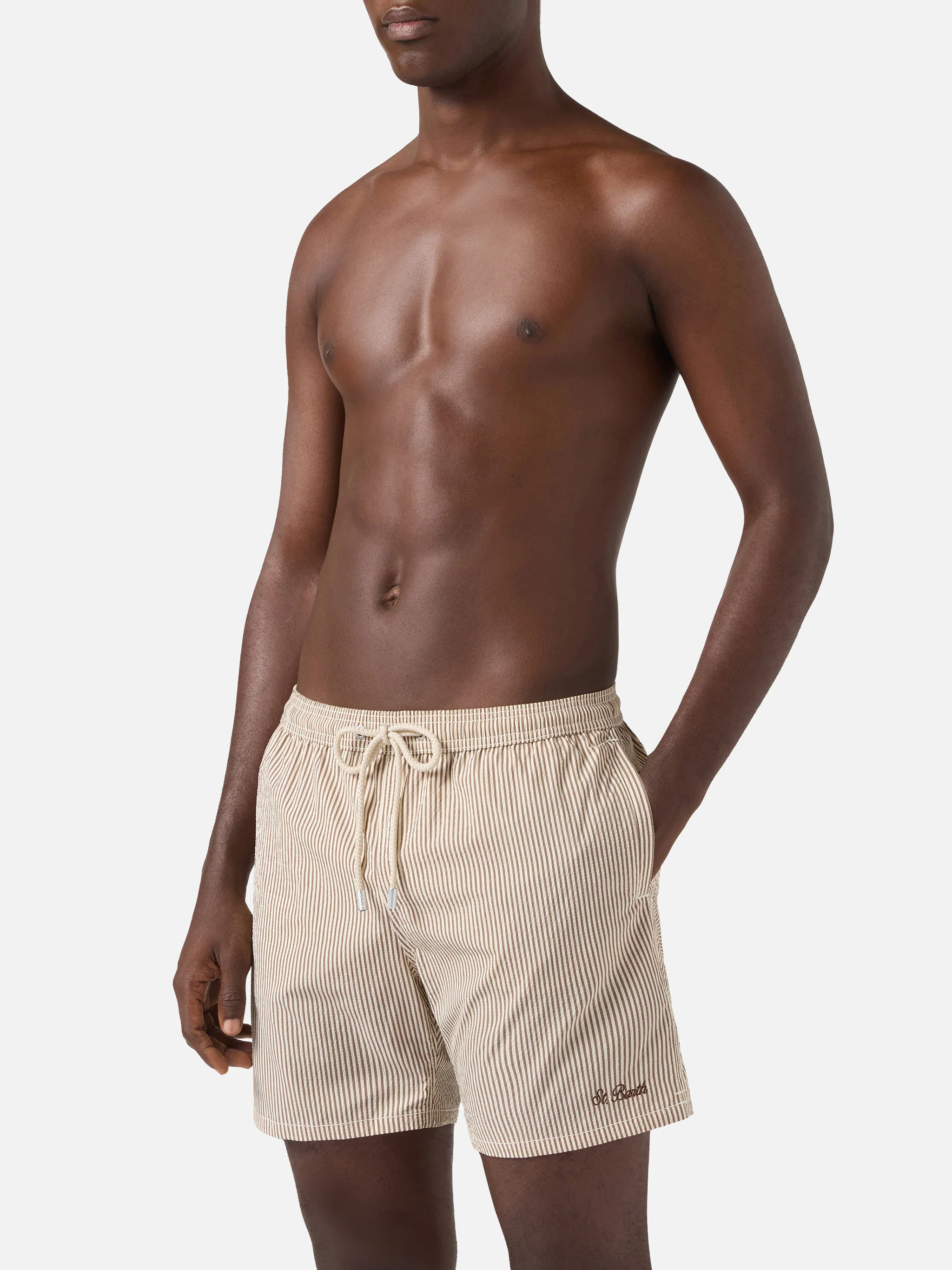 Patmos seersucker striped swim shorts in brown and white - Image 3