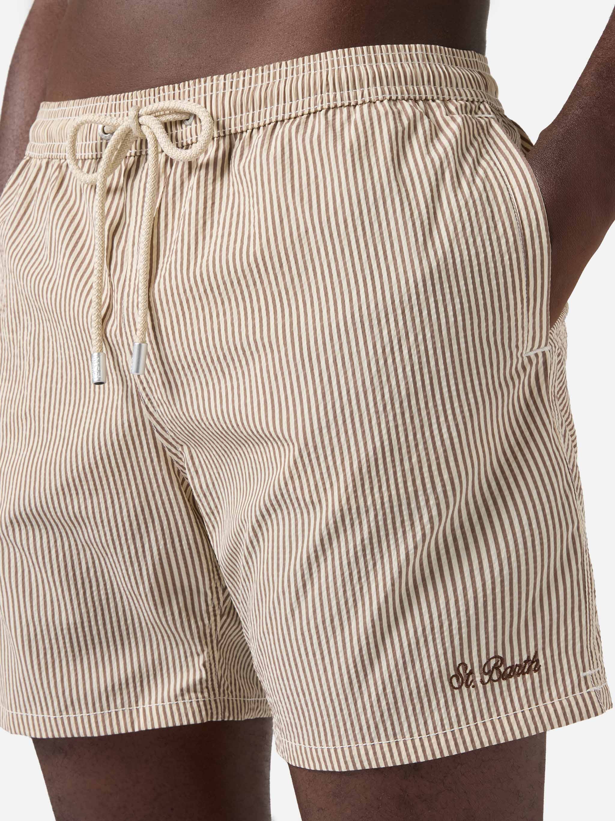 Patmos seersucker striped swim shorts in brown and white - Image 4