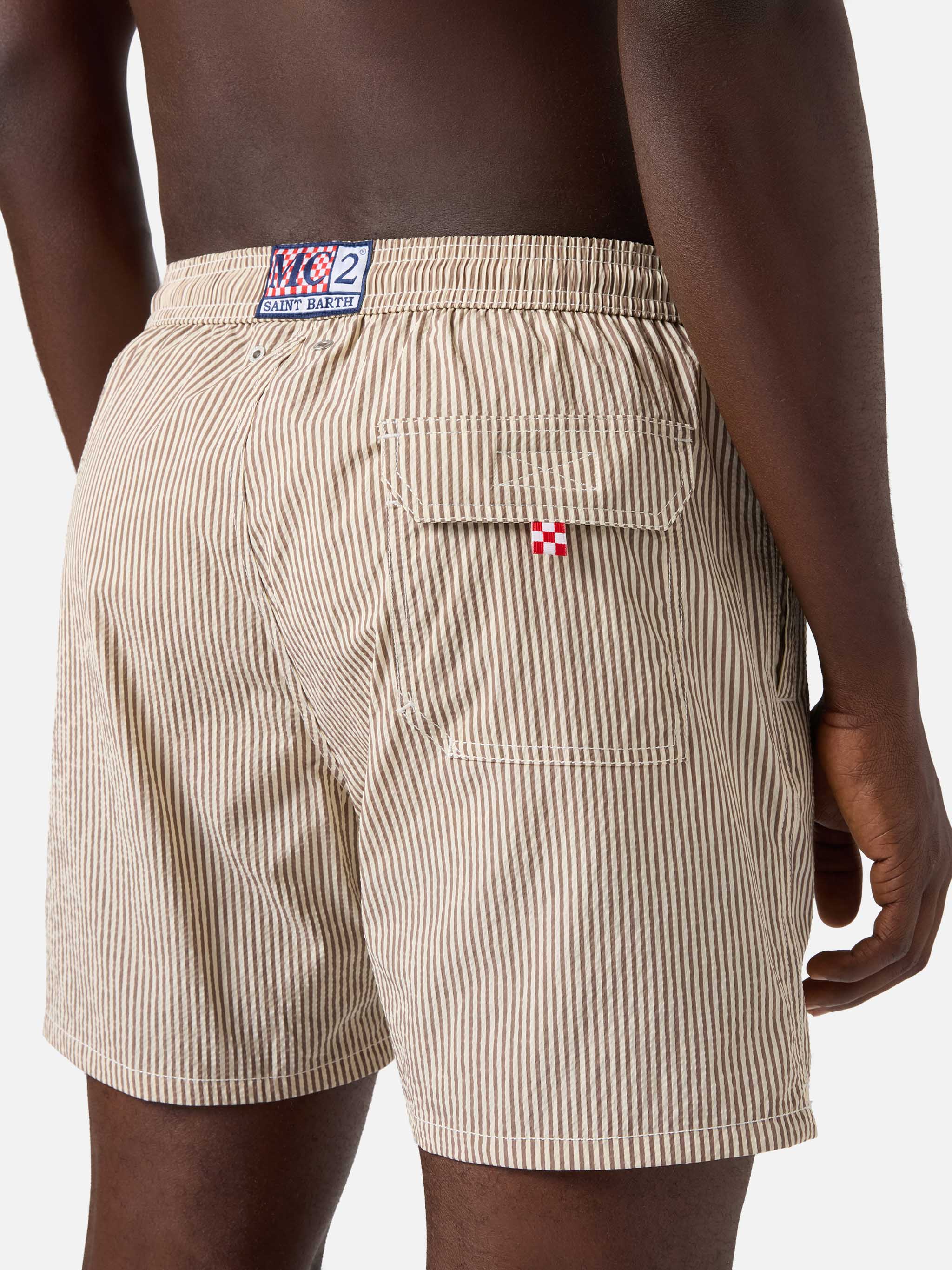 Patmos seersucker striped swim shorts in brown and white - Image 6