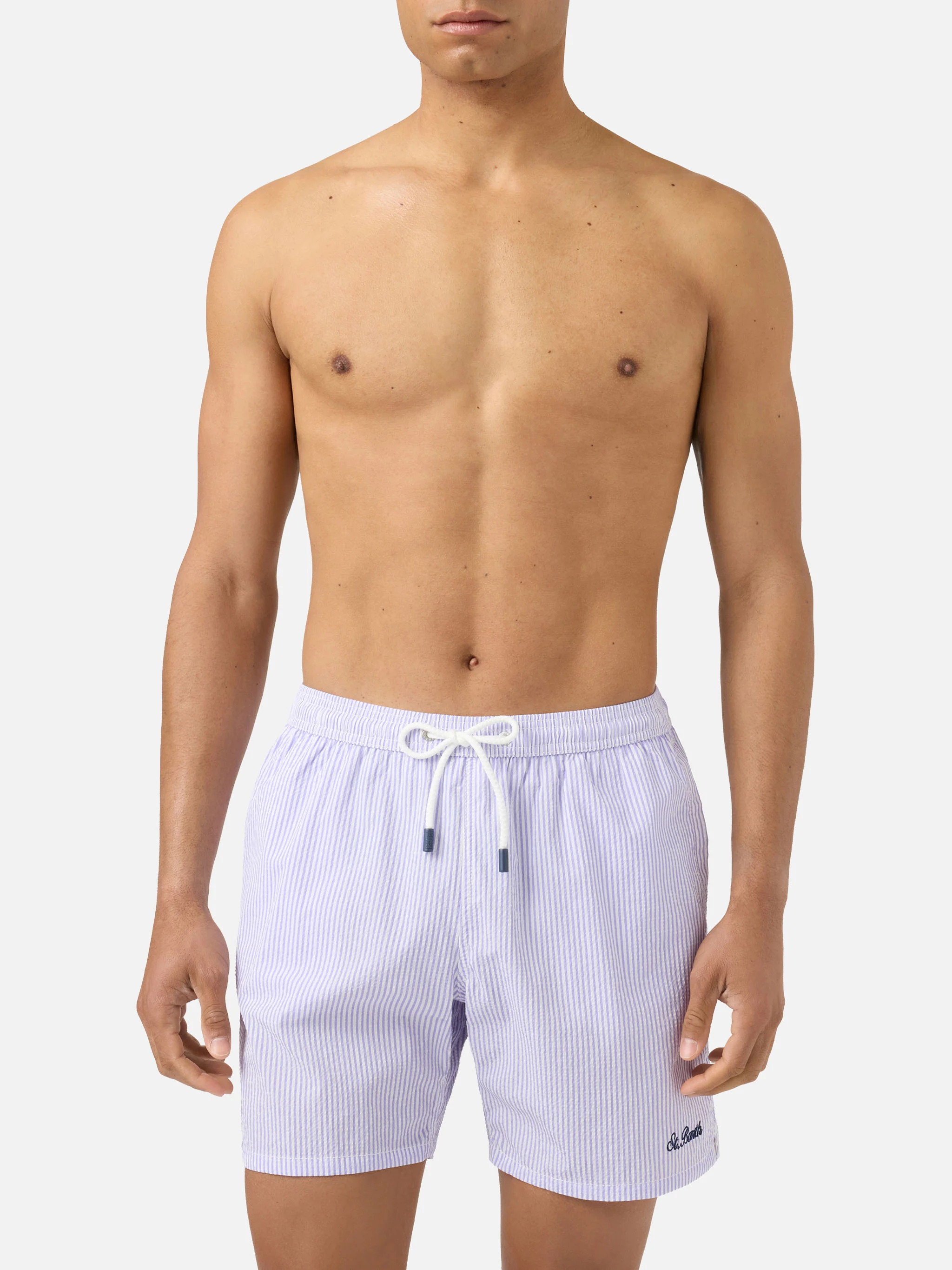 Patmos seersucker striped swim shorts in lilac and white - Image 3