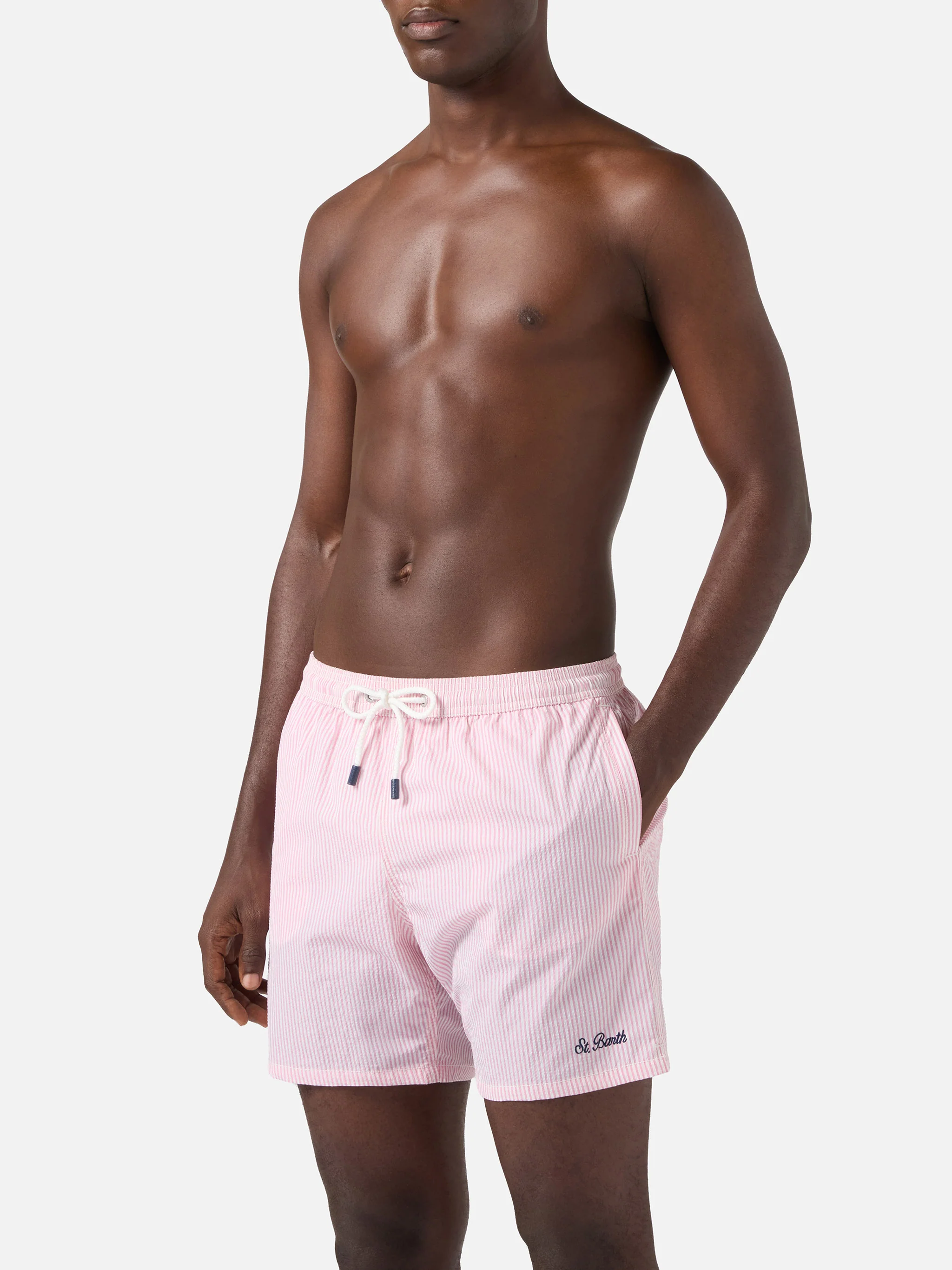 Patmos seersucker striped swim shorts in pink and white - Image 3