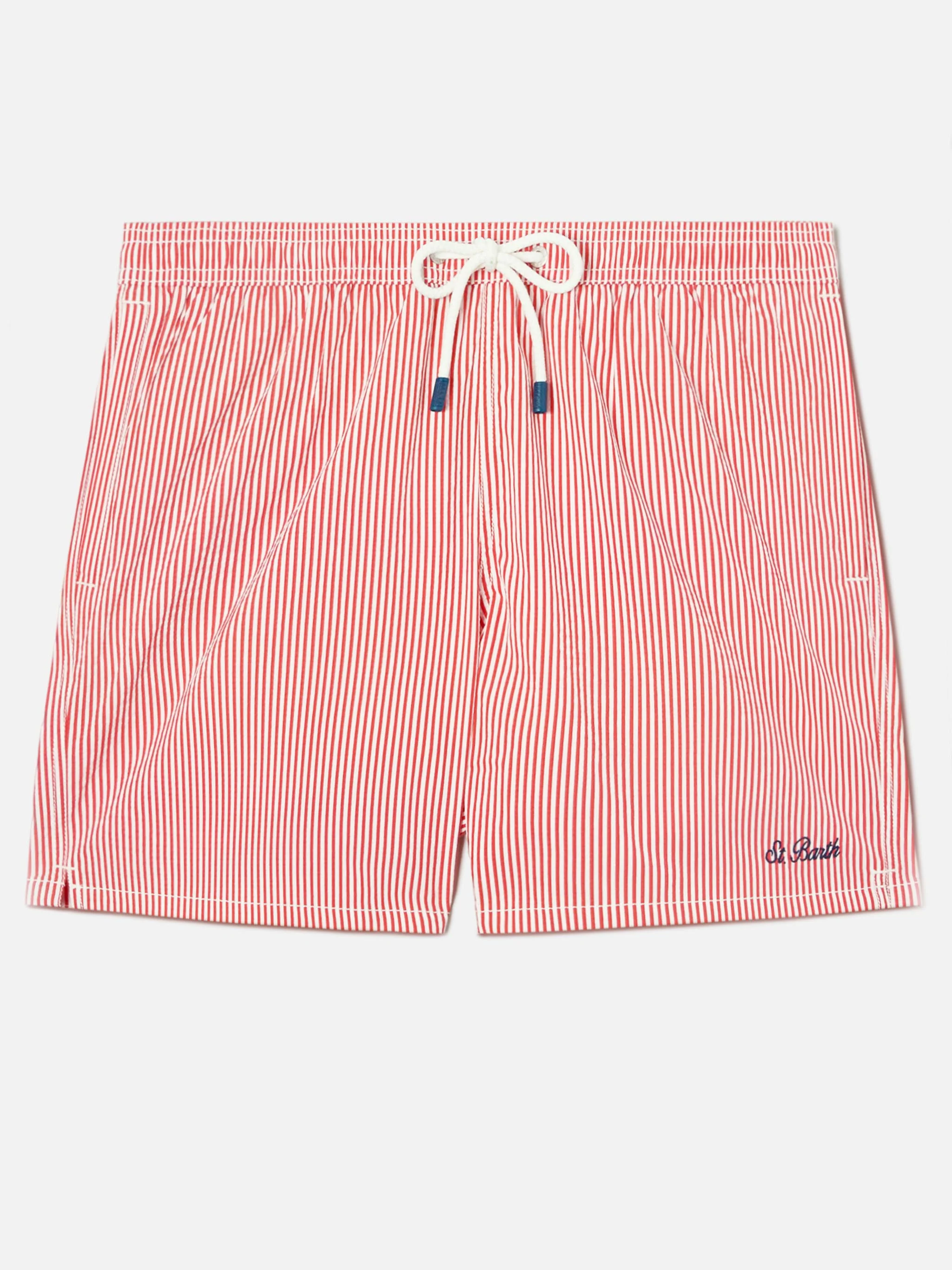 Patmos seersucker striped swim shorts in red and white