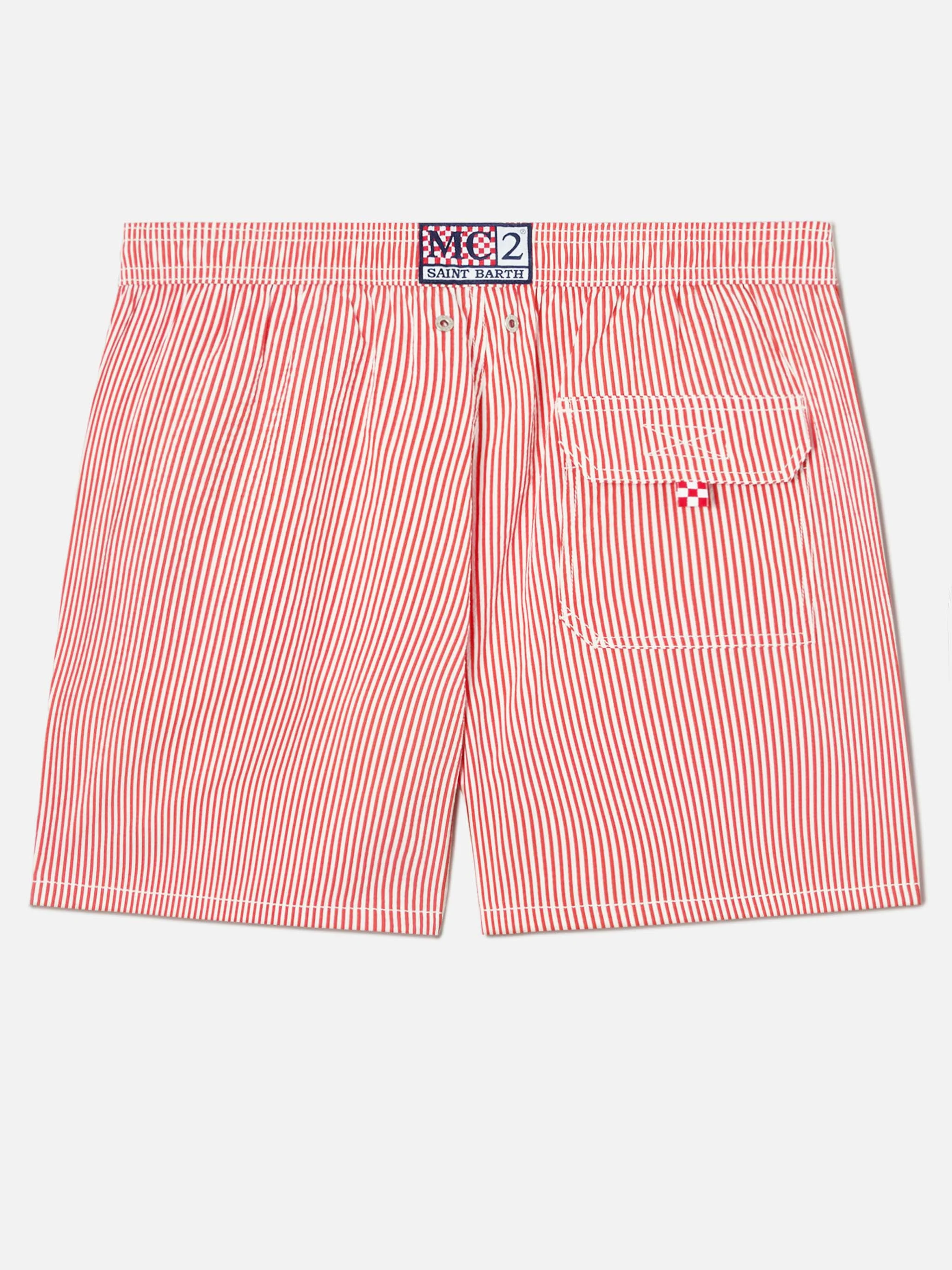 Patmos seersucker striped swim shorts in red and white - Image 2