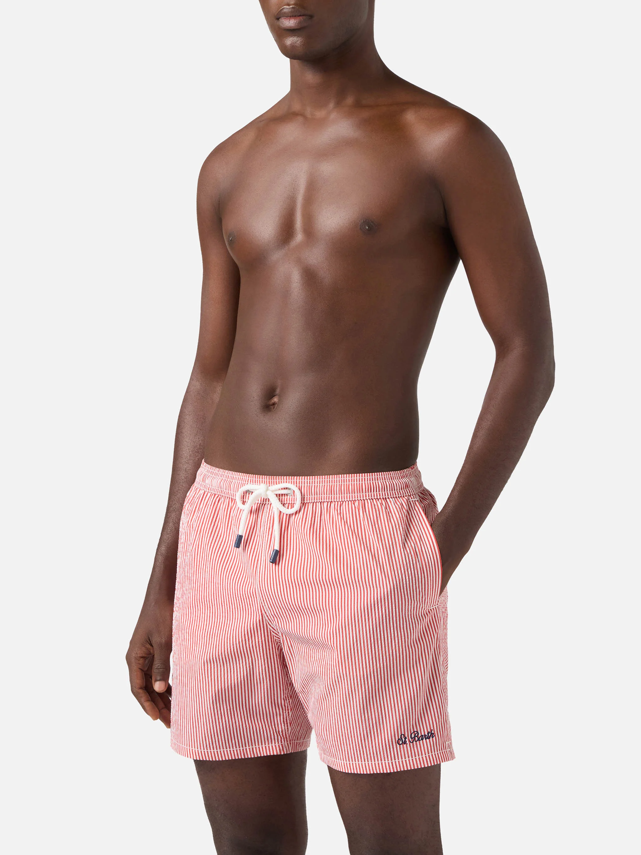 Patmos seersucker striped swim shorts in red and white - Image 3