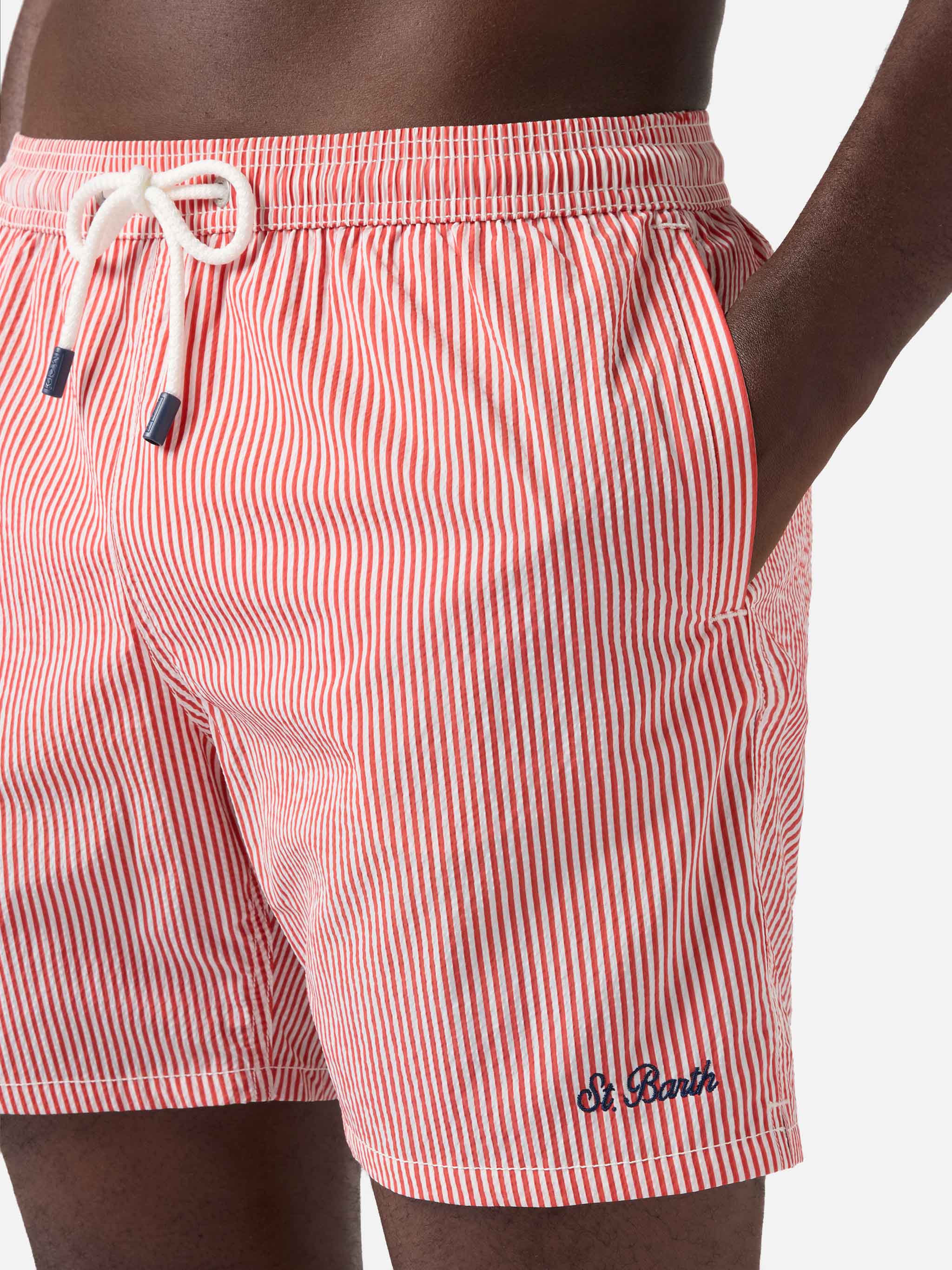 Patmos seersucker striped swim shorts in red and white - Image 4