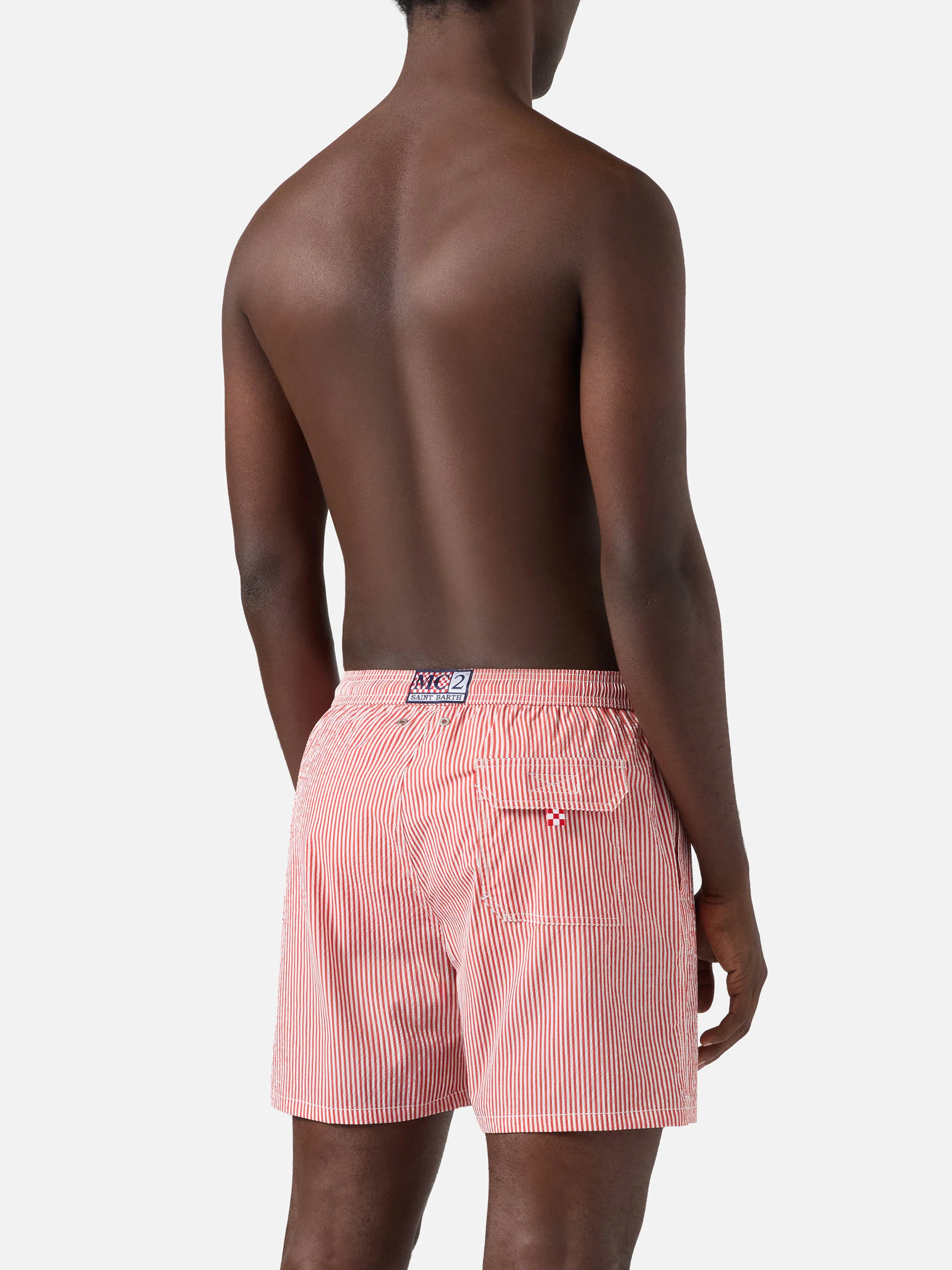 Patmos seersucker striped swim shorts in red and white - Image 5
