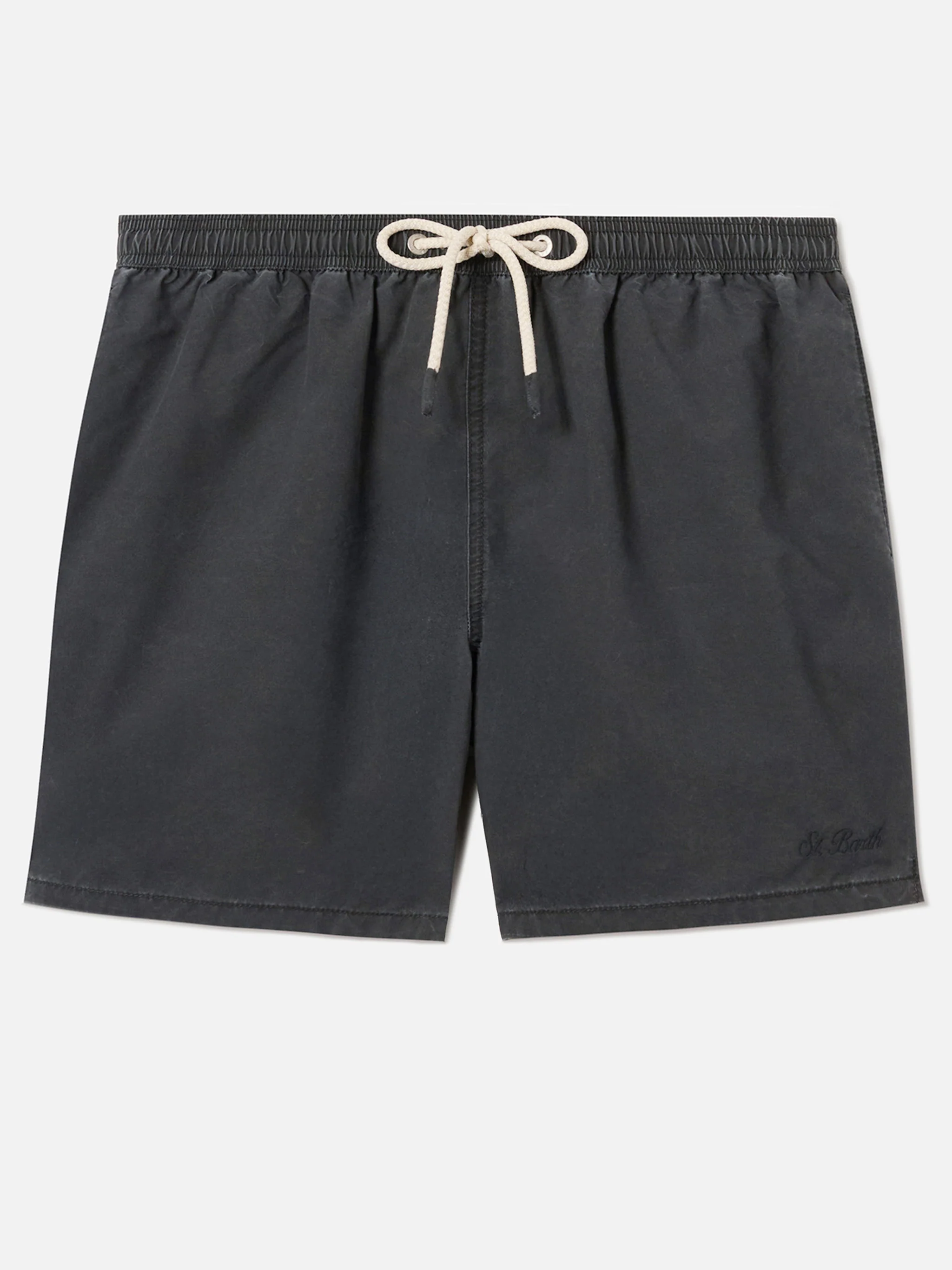 Patmos swim shorts in black with used effect and logo embroidery