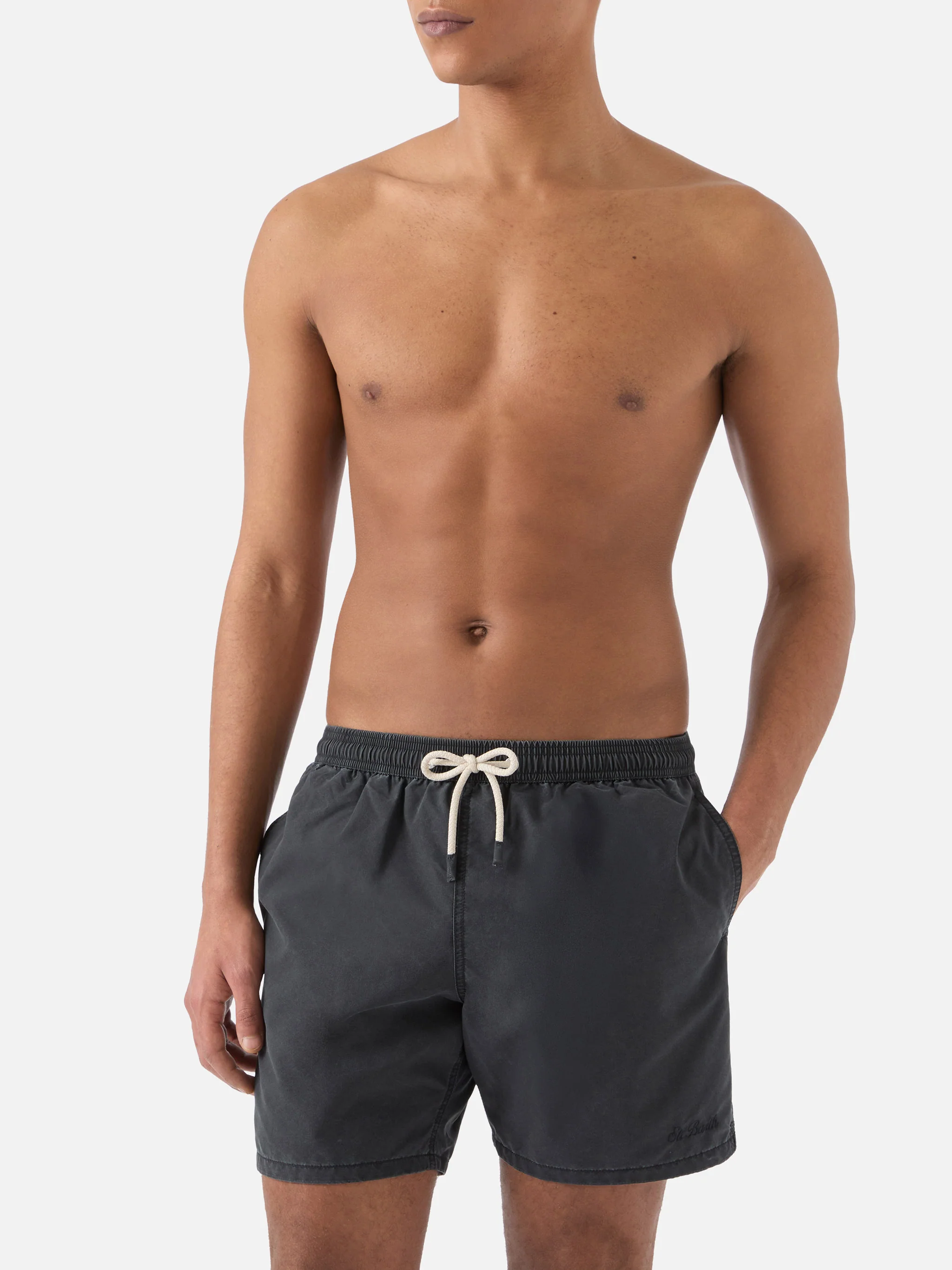 Patmos swim shorts in black with used effect and logo embroidery - Image 3