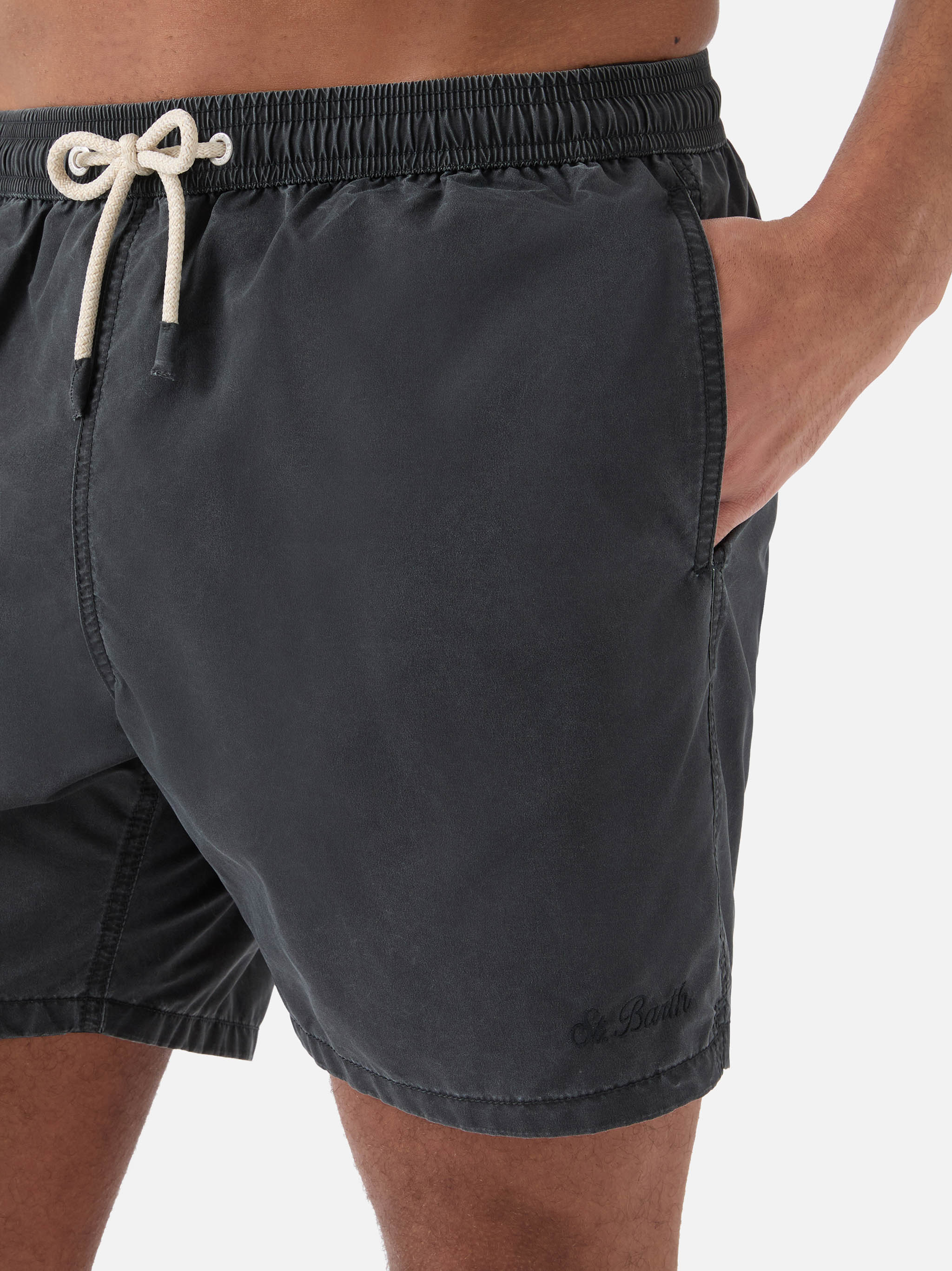 Patmos swim shorts in black with used effect and logo embroidery - Image 4
