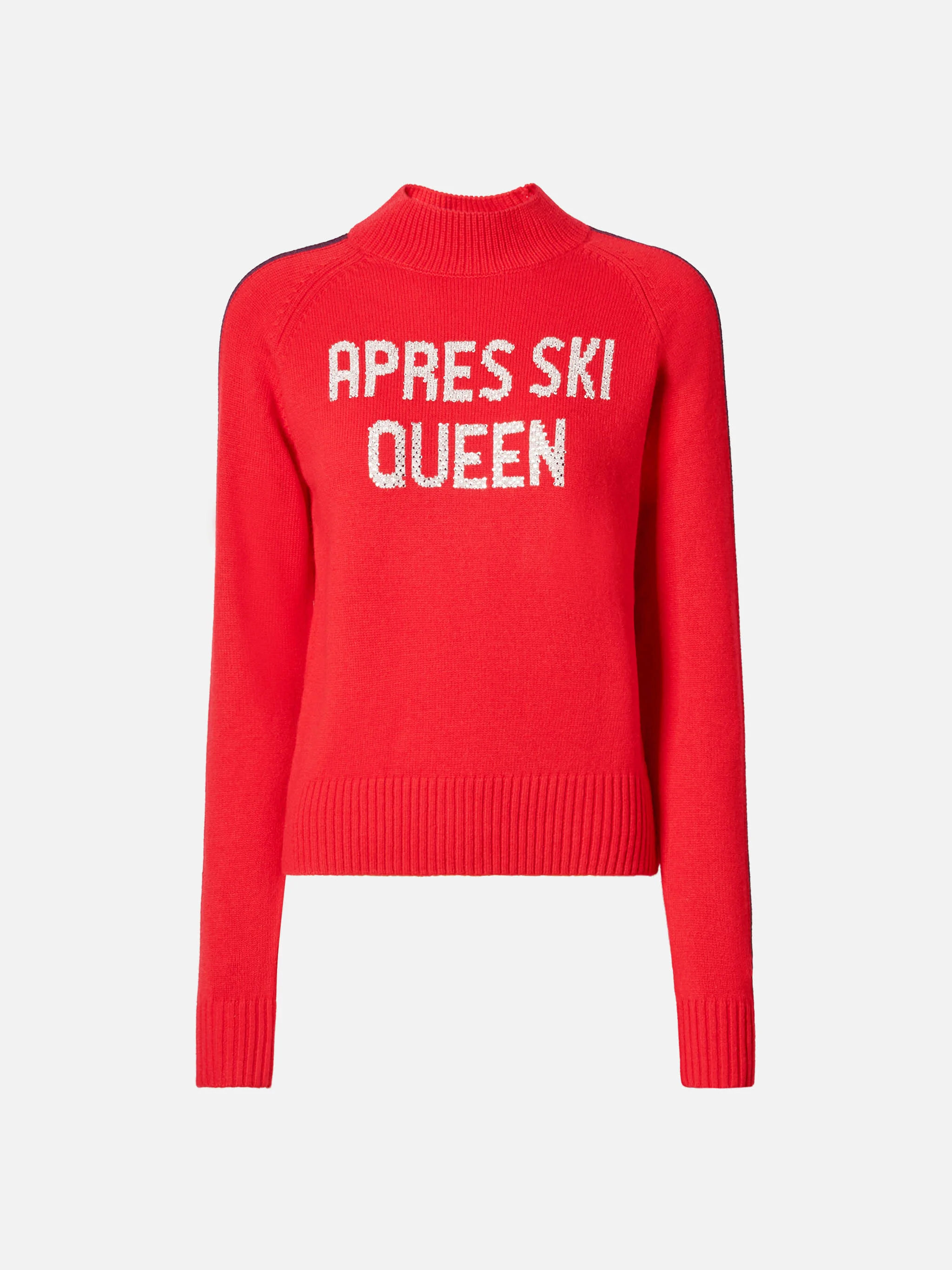 Peak cashmere-blend mock-neck in red with Apres ski queen rhinestone appliqué - Image 5