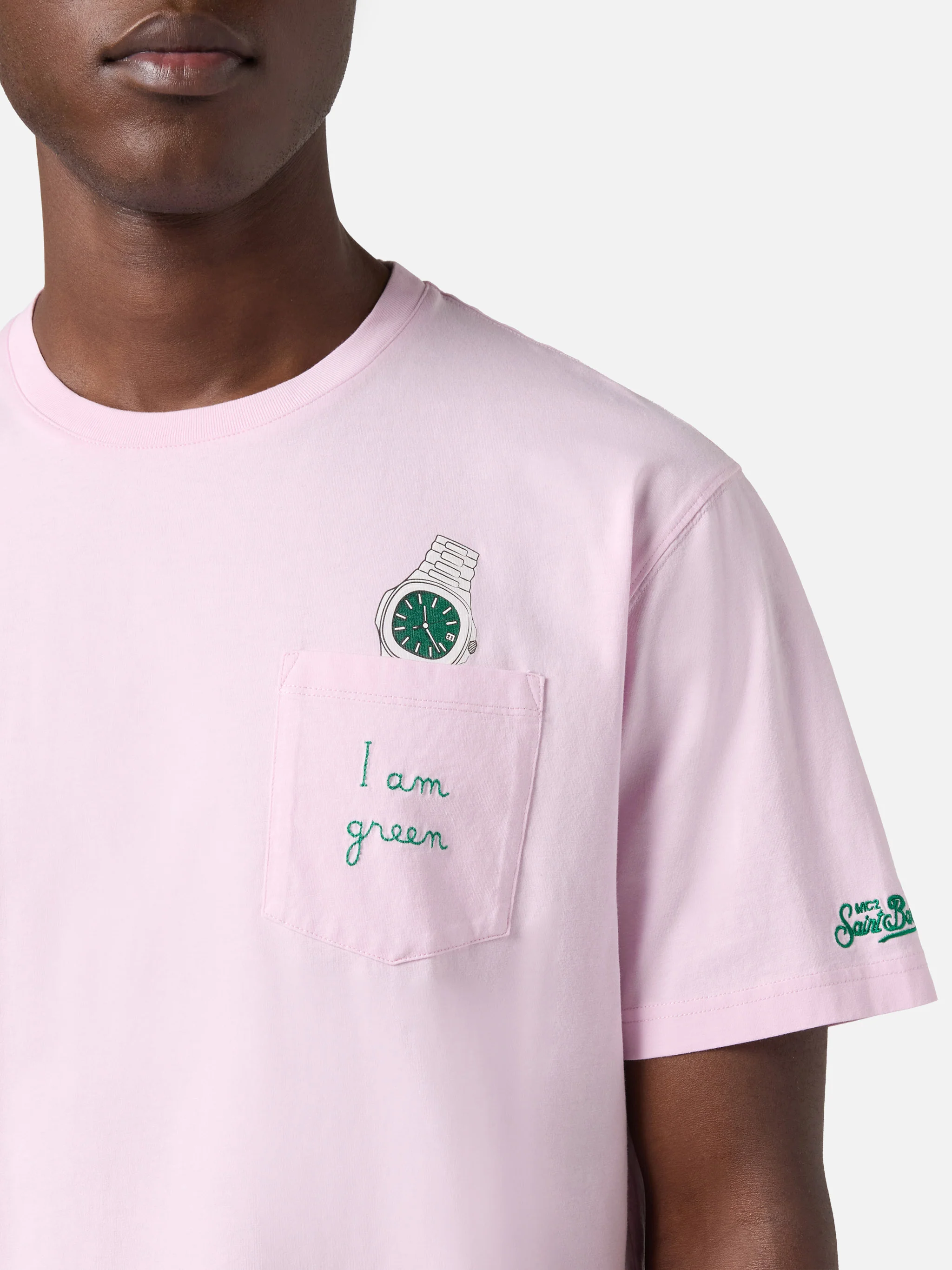 Pink Austin t-shirt with watch and I Am Green embroidery - Image 2