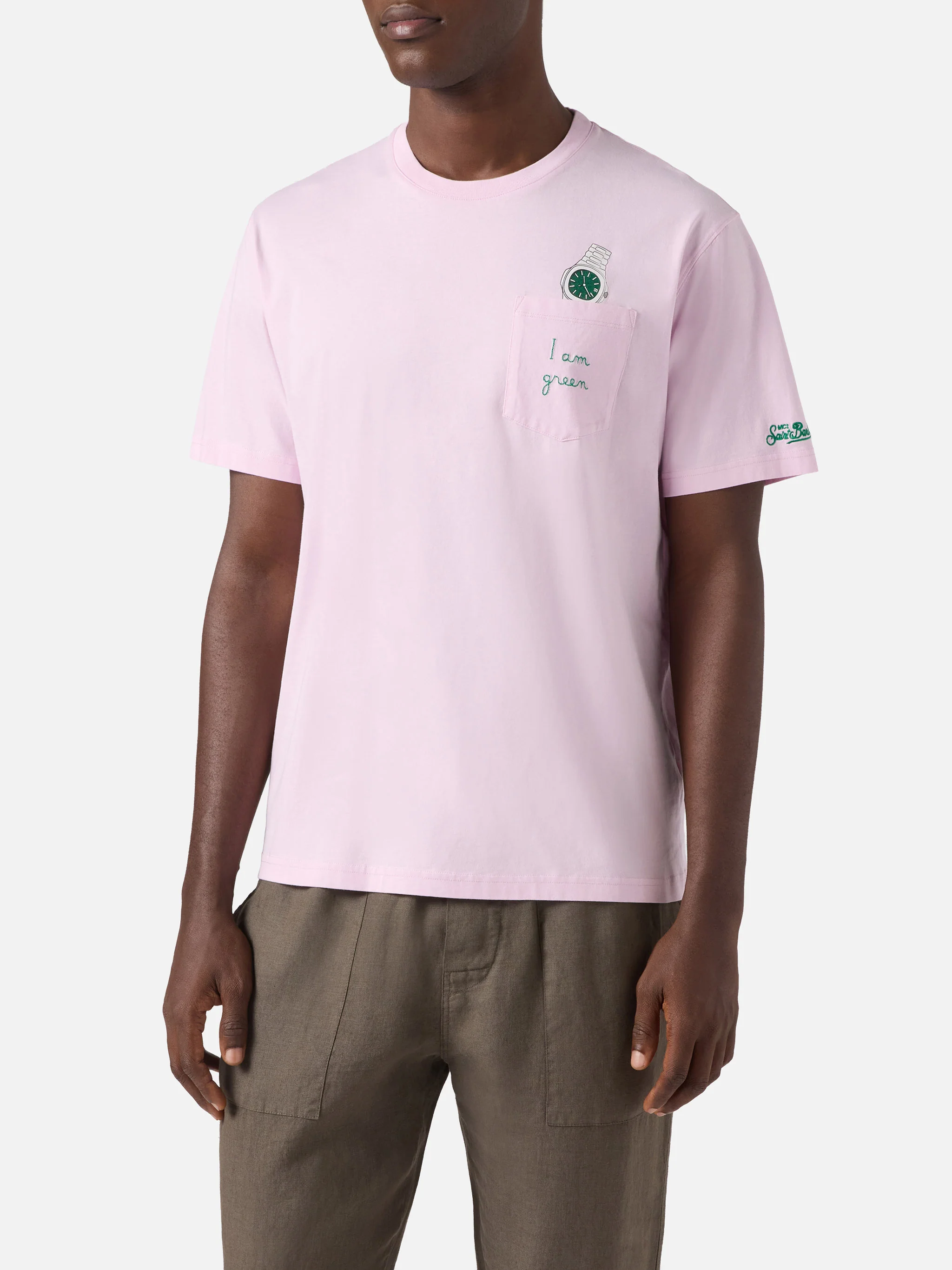 Pink Austin t-shirt with watch and I Am Green embroidery - Image 3