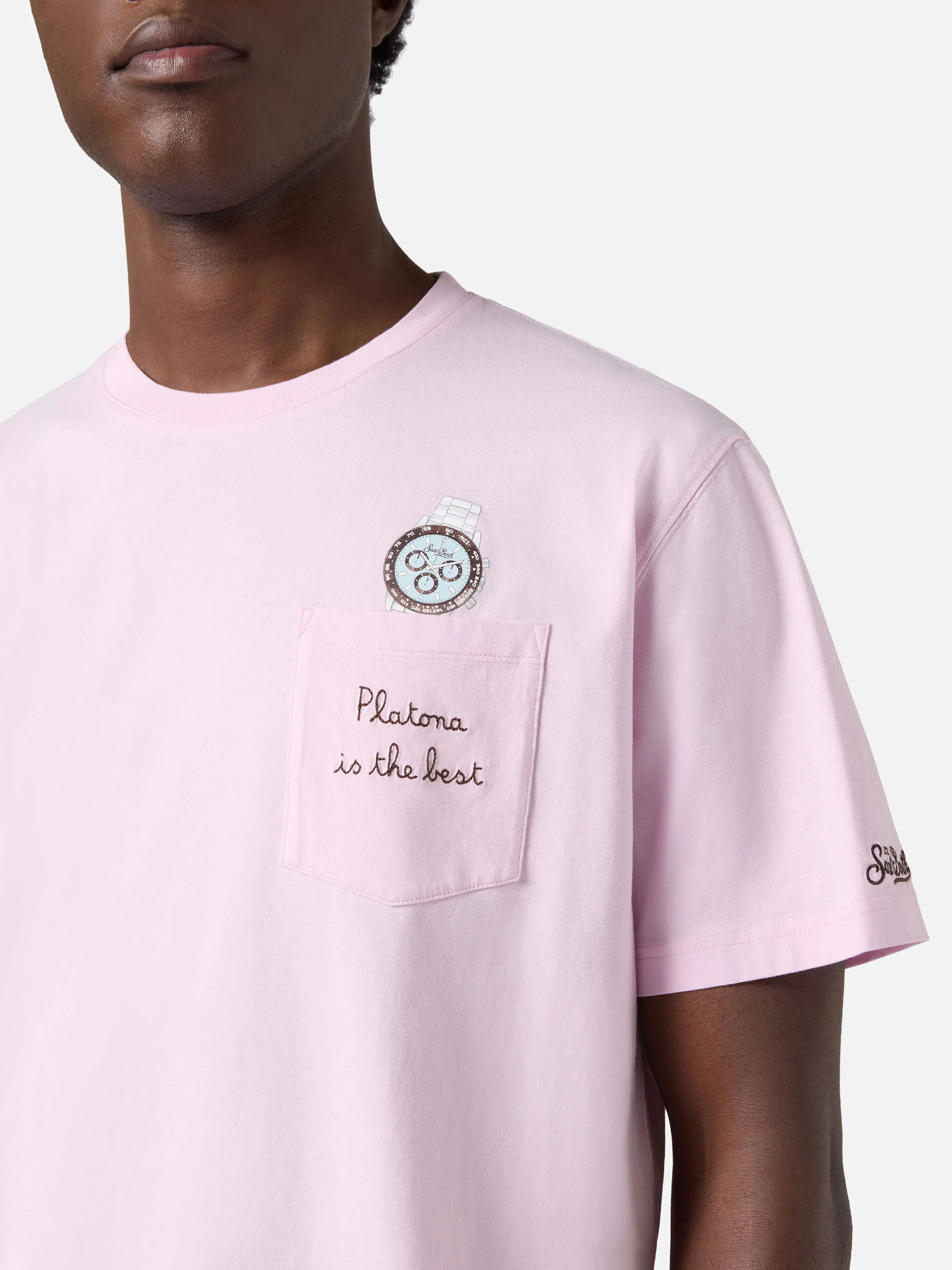 Pink Austin t-shirt with watch and Platona Is The Best embroidery - Image 2