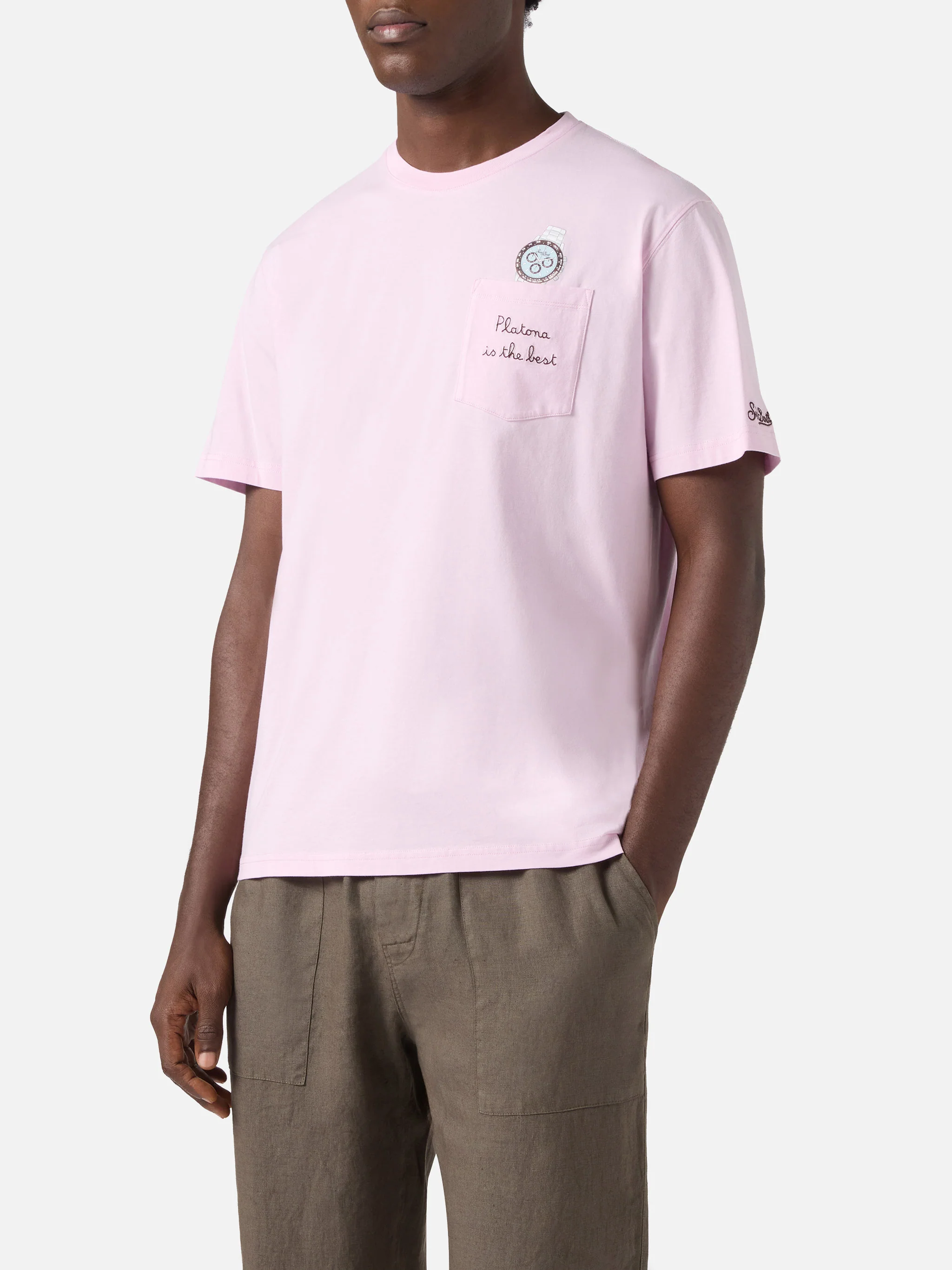 Pink Austin t-shirt with watch and Platona Is The Best embroidery - Image 3