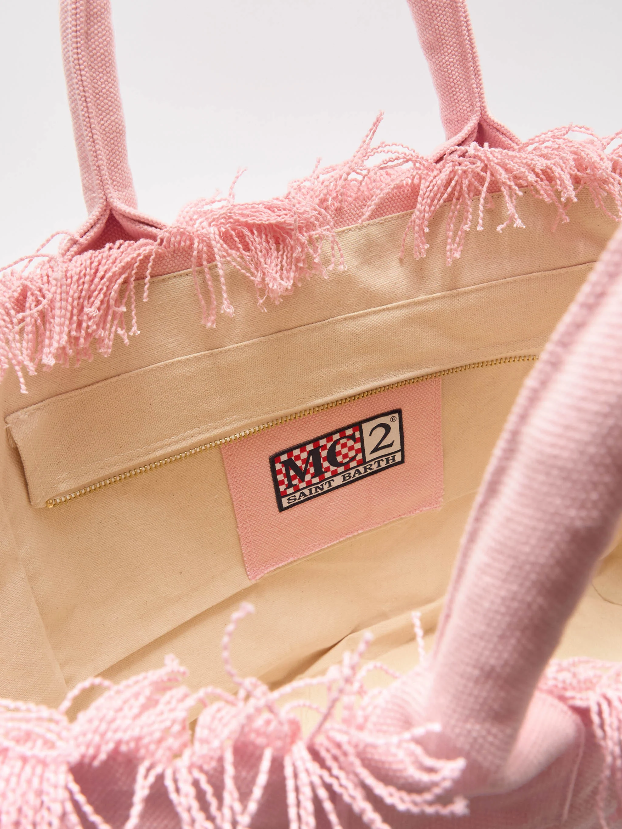 Pink canvas Vanity regular bag with fringes - Image 4