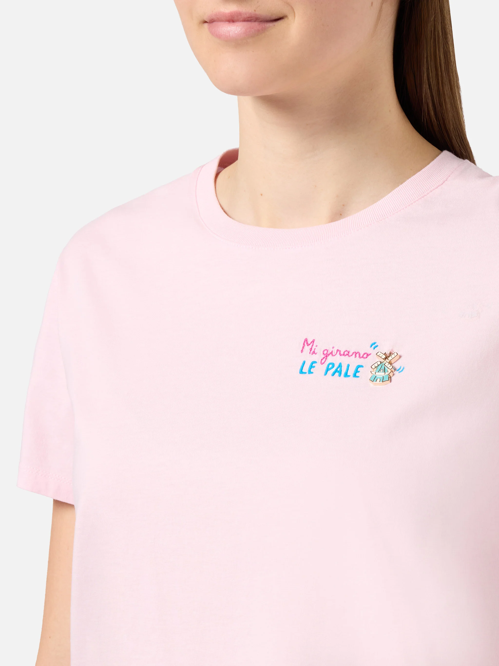 Pink Emilie T-shirt with Mi girano le pale embroidery - Image 2