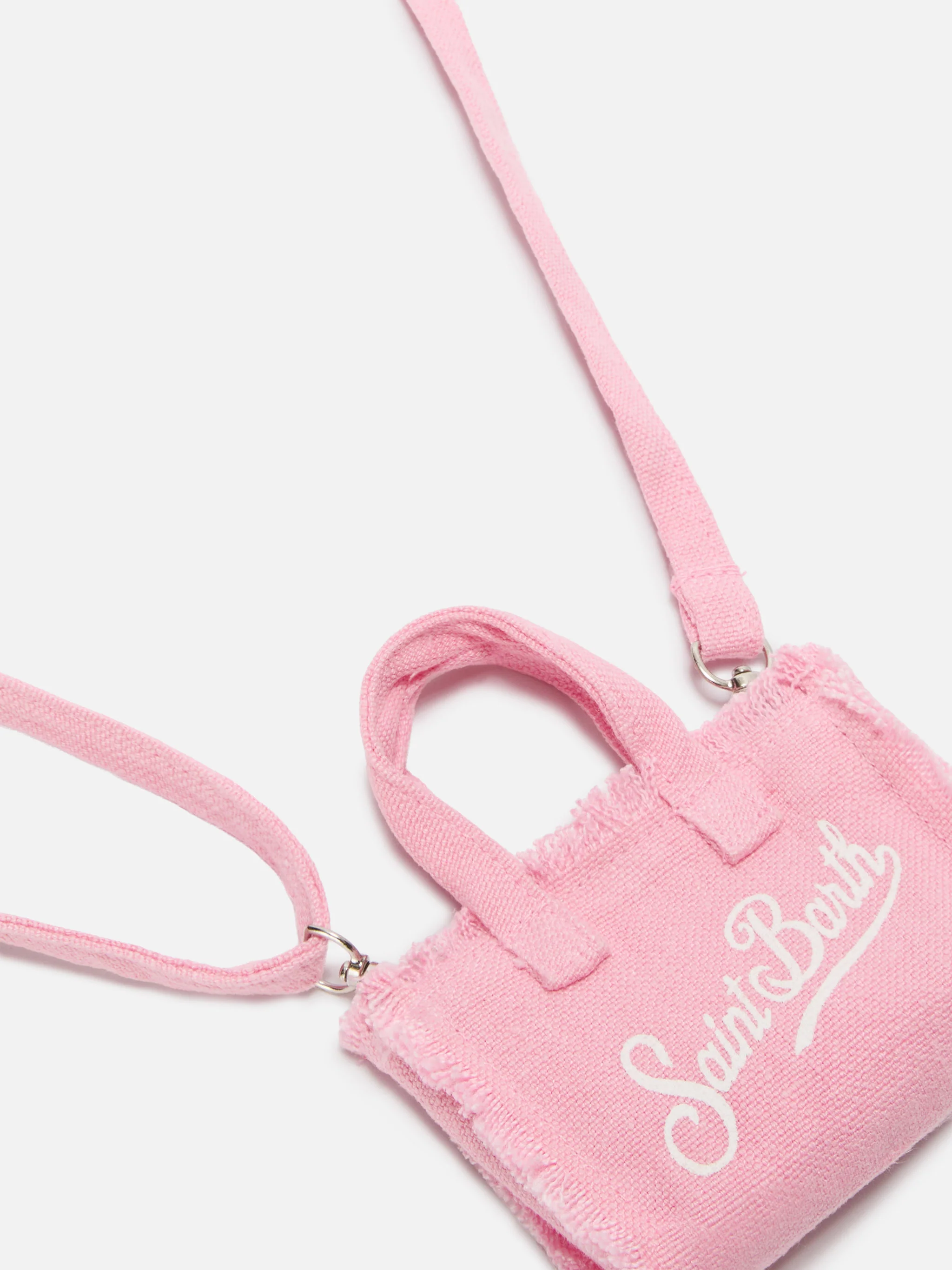 Pink linen mini bag–shaped keychain with printed logo - Image 3