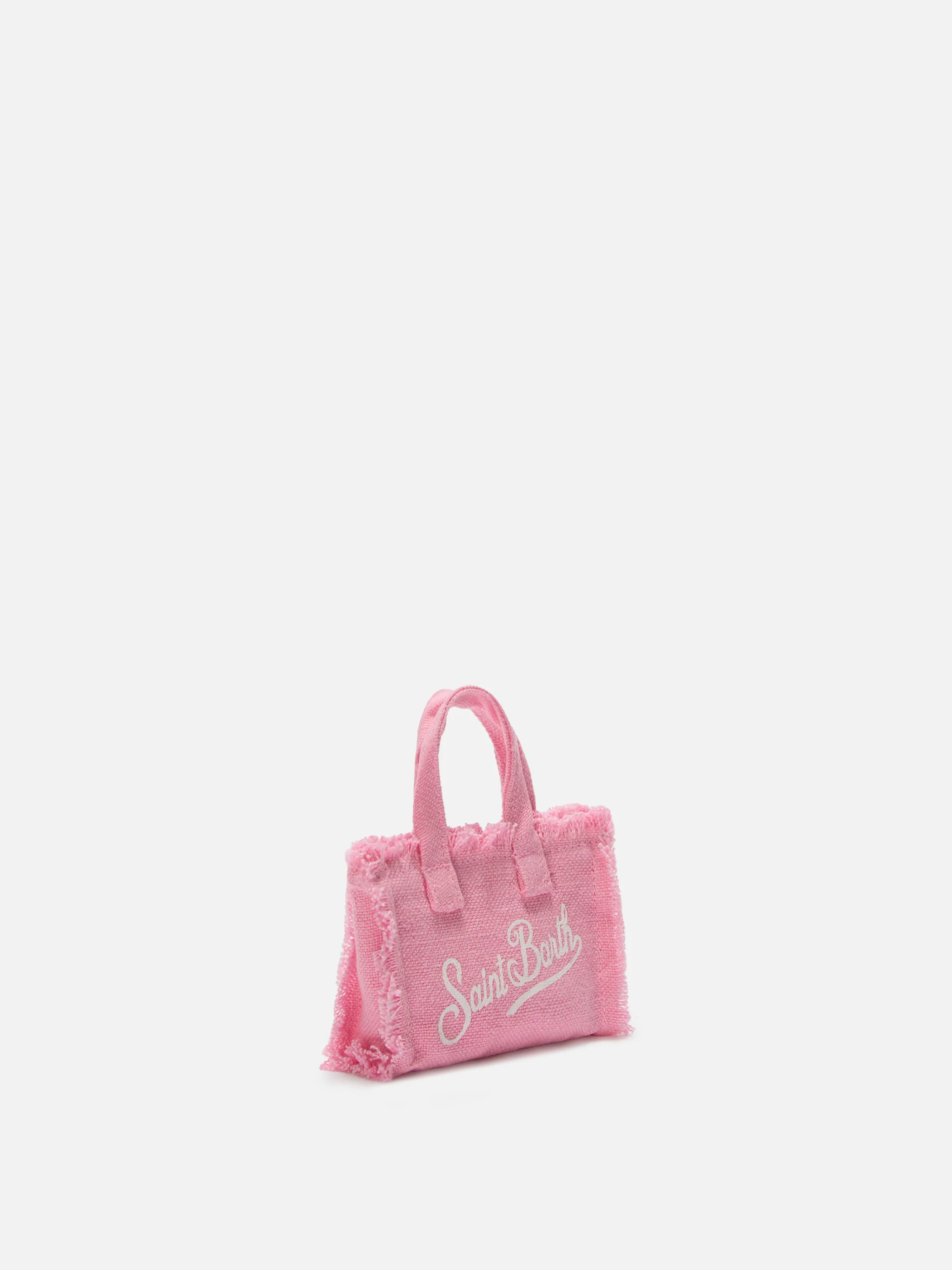 Pink linen mini bag–shaped keychain with printed logo - Image 4