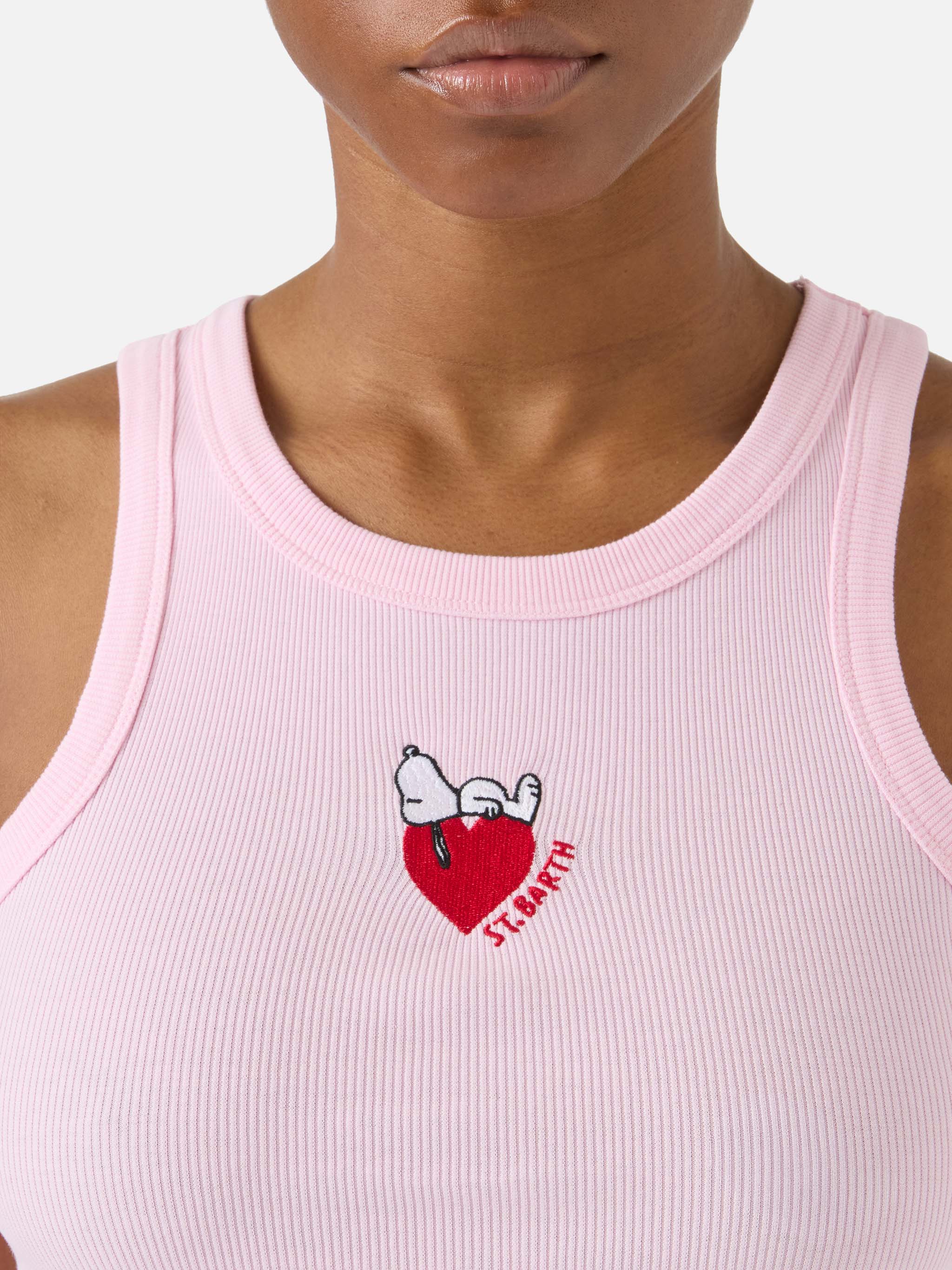 Pink ribbed Ada tank top with Snoopy print and St. Barth Lover embroidery | Special edition - Image 2