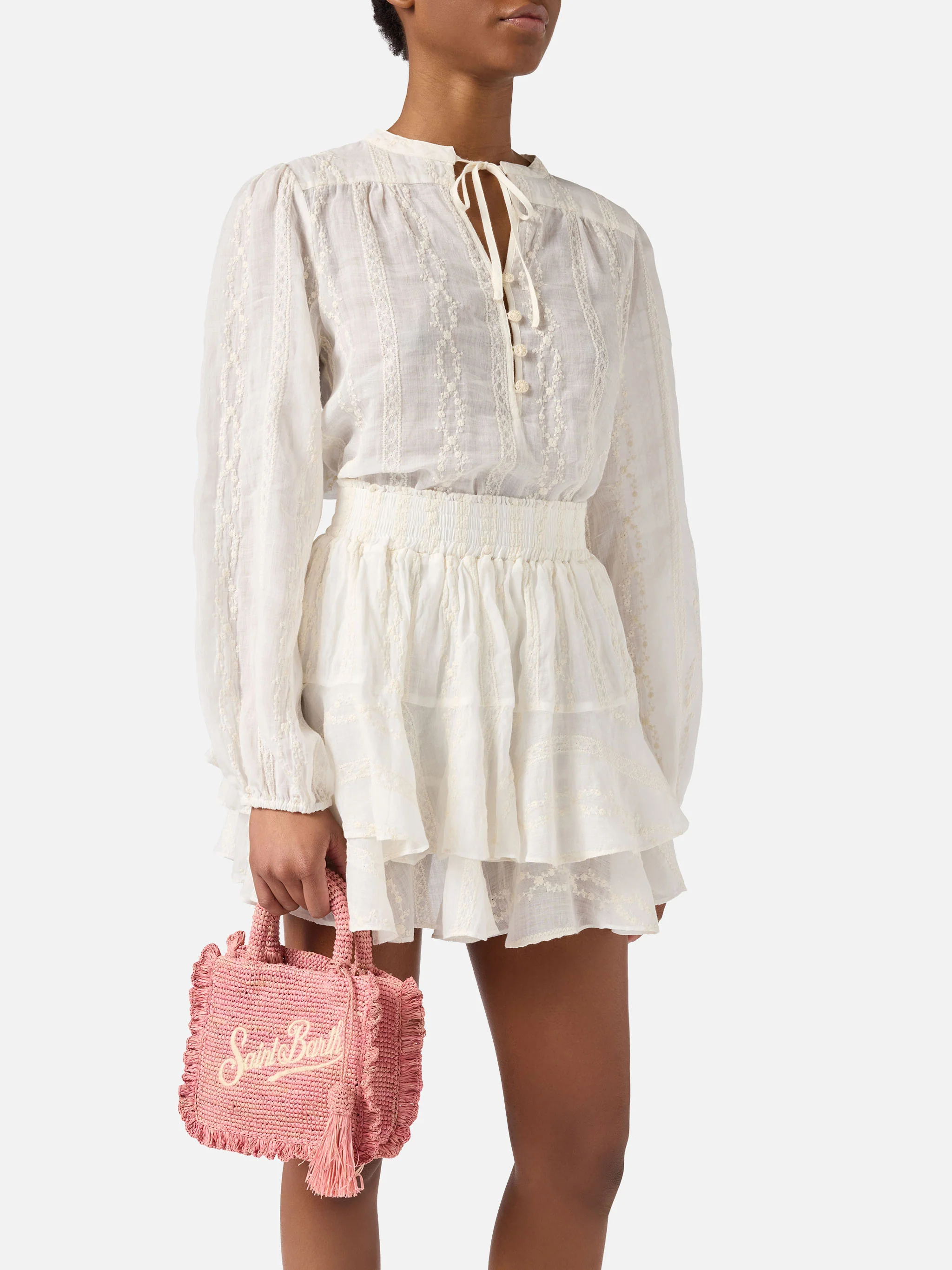 Pink Volant Mini raffia bag with embroidered logo - Image 2