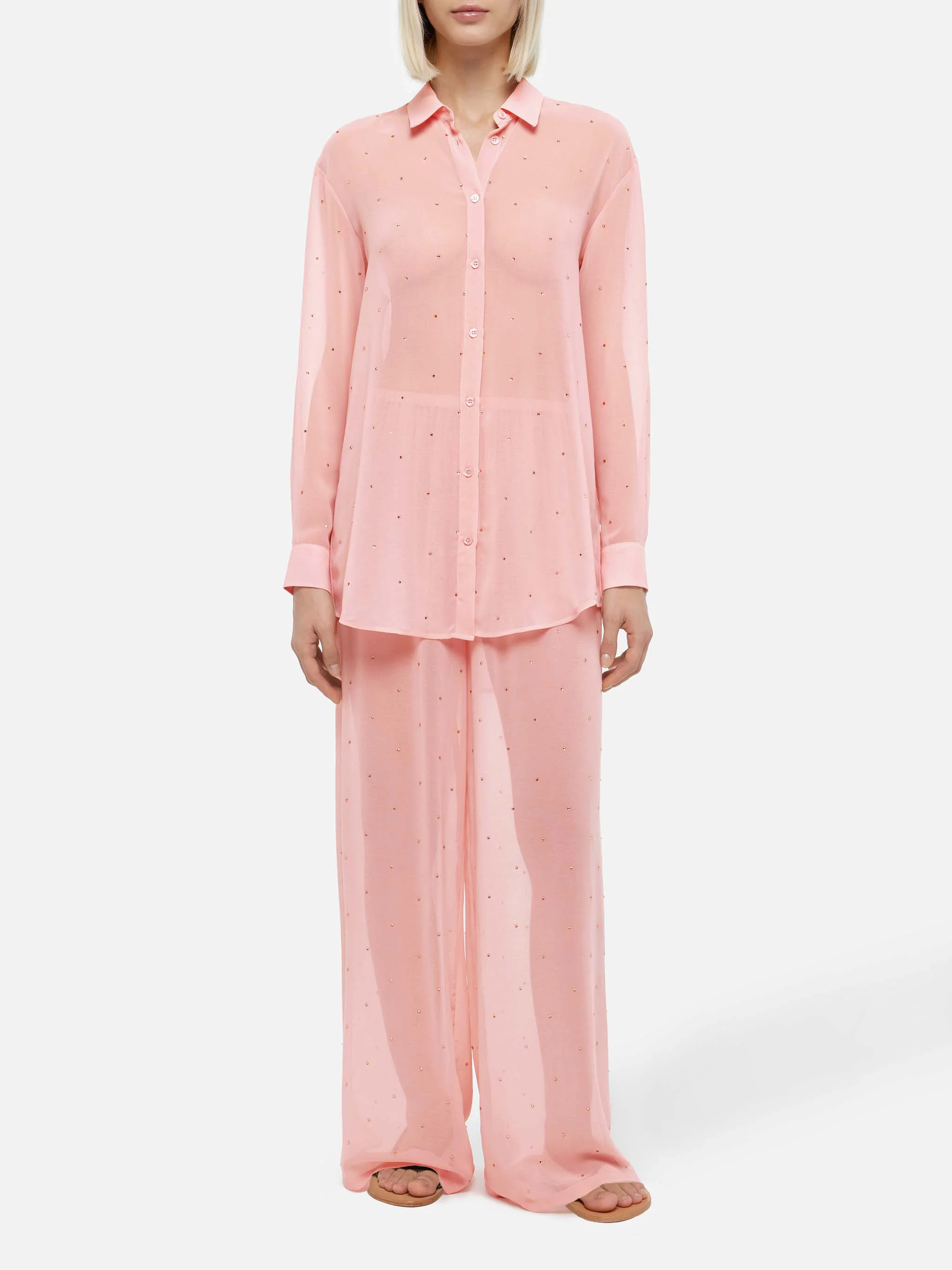 Amalia pink wide-leg georgette trousers with rhinestone embellishment - Image 2