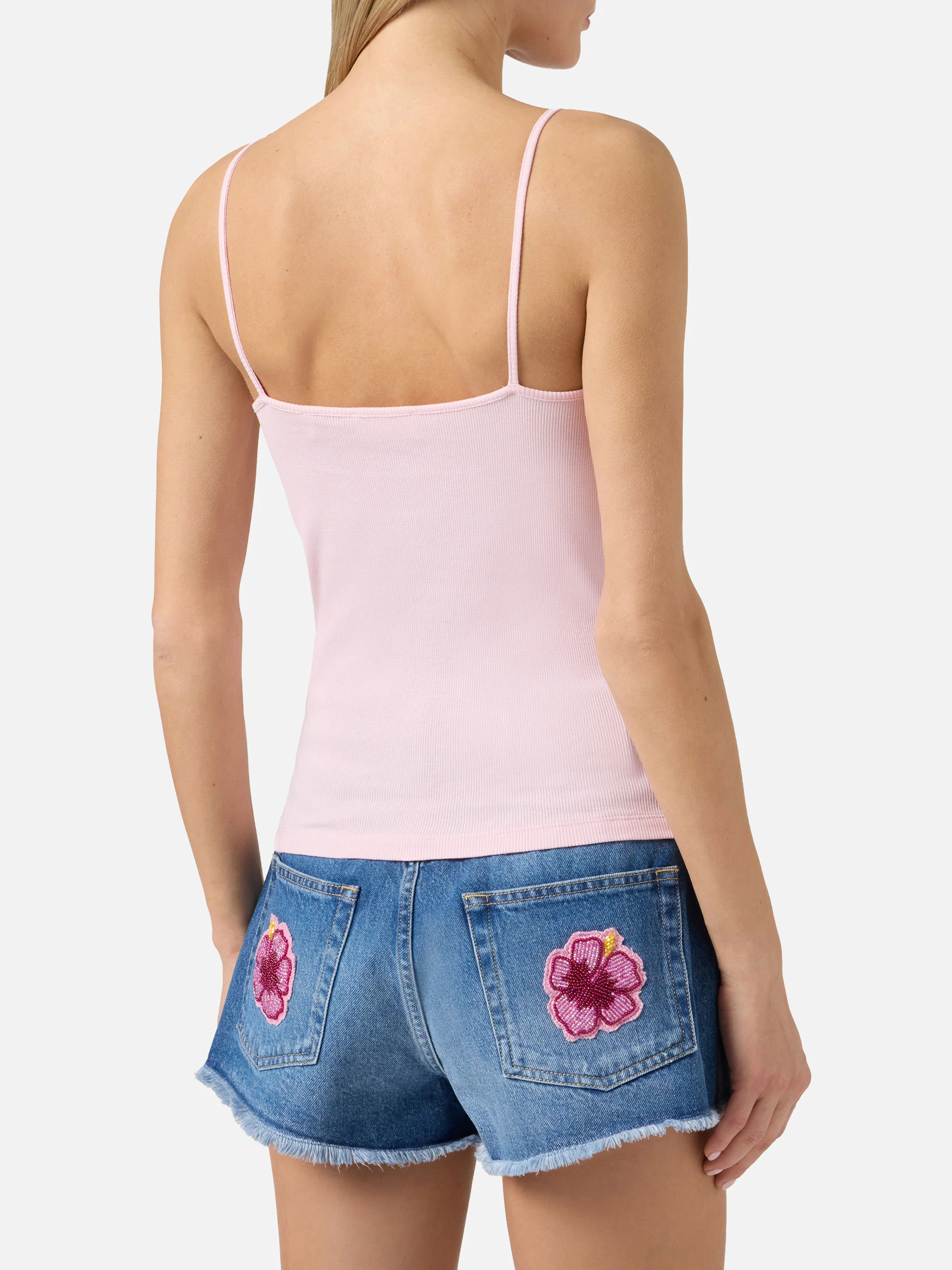 Pink Zaira tank top with embroidered logo and bead patch - Image 3