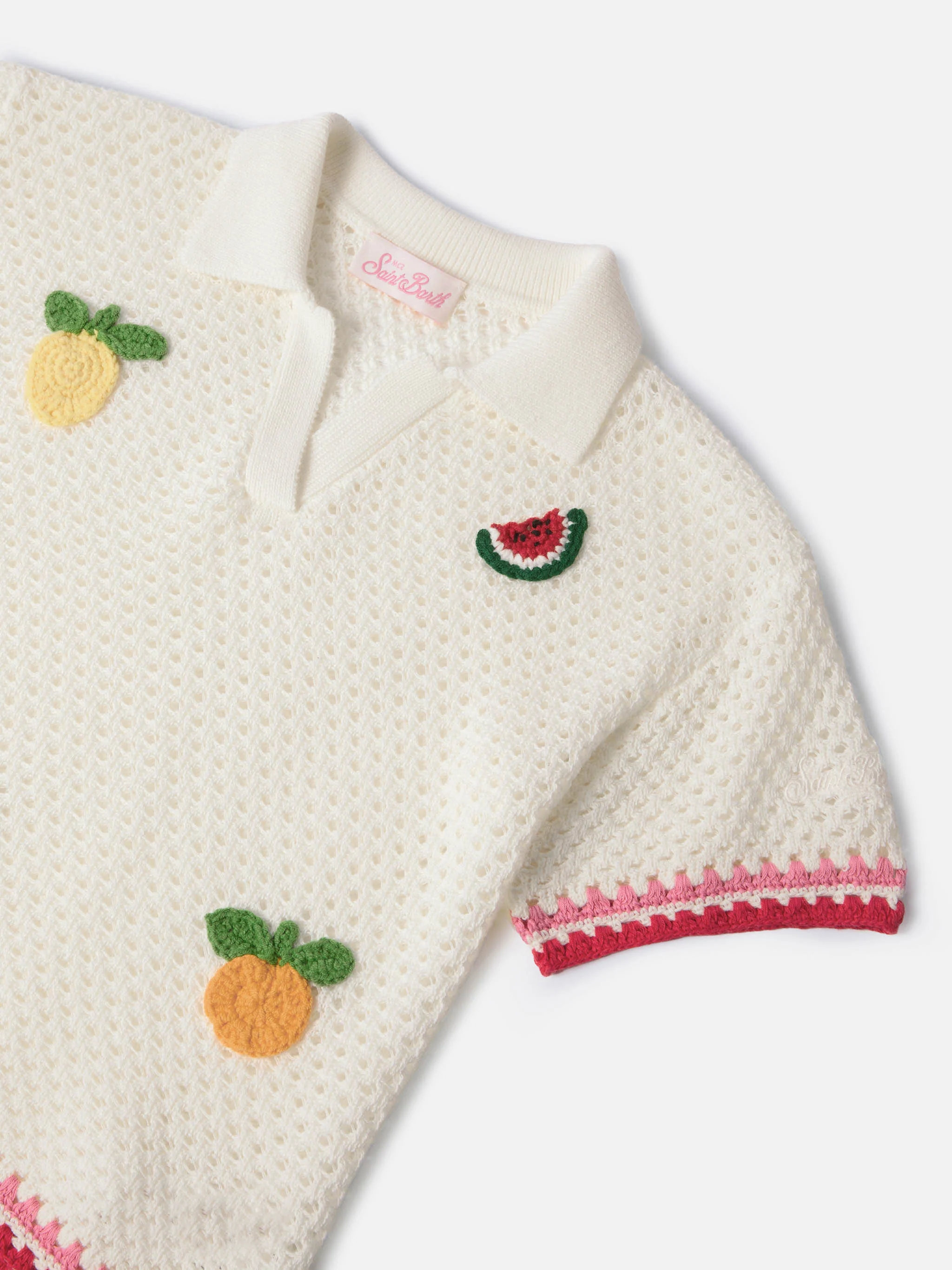 Pixie Jr Polo in white cotton blend with embroidered patches - Image 2