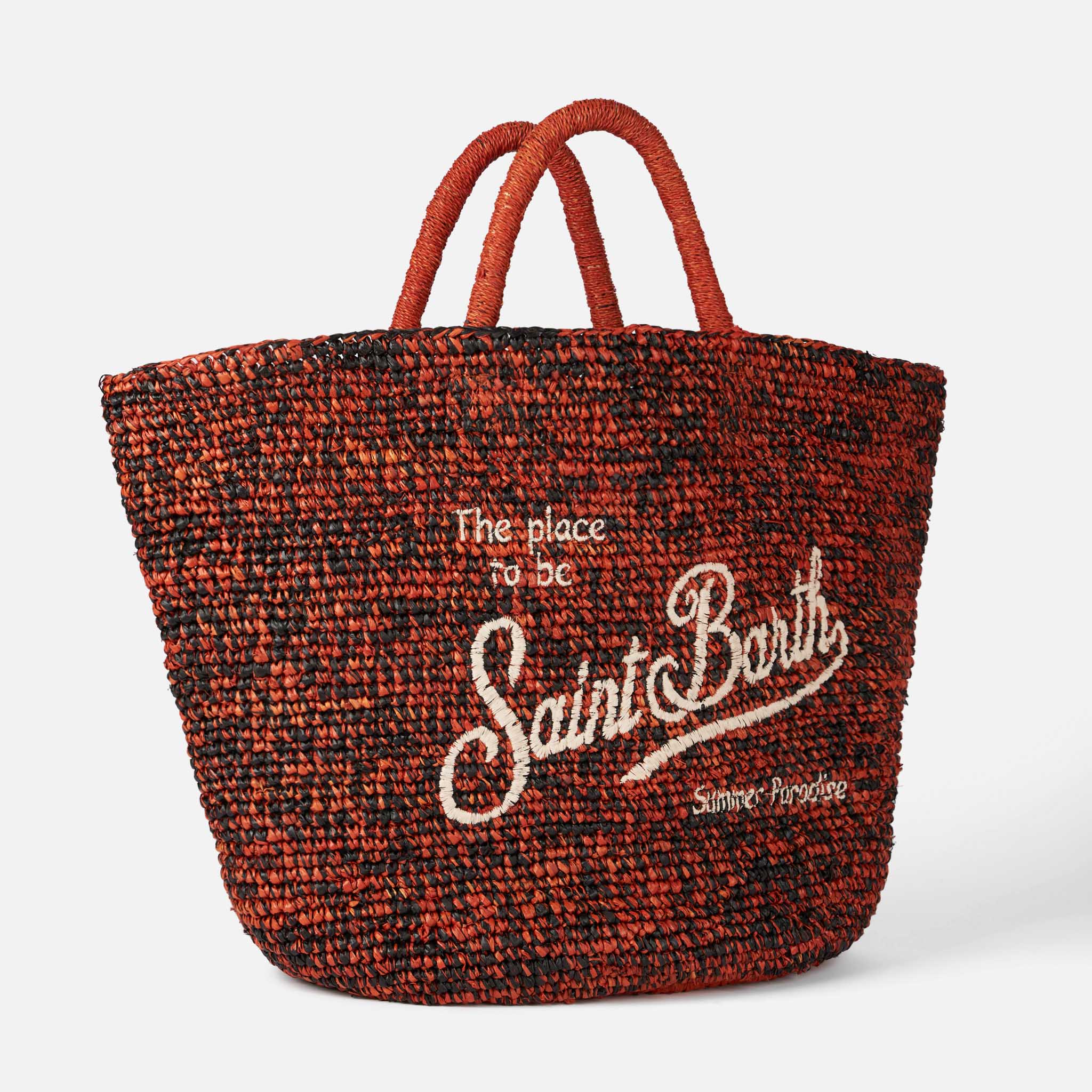 Raffia black and orange bag with front embroidery - Image 3