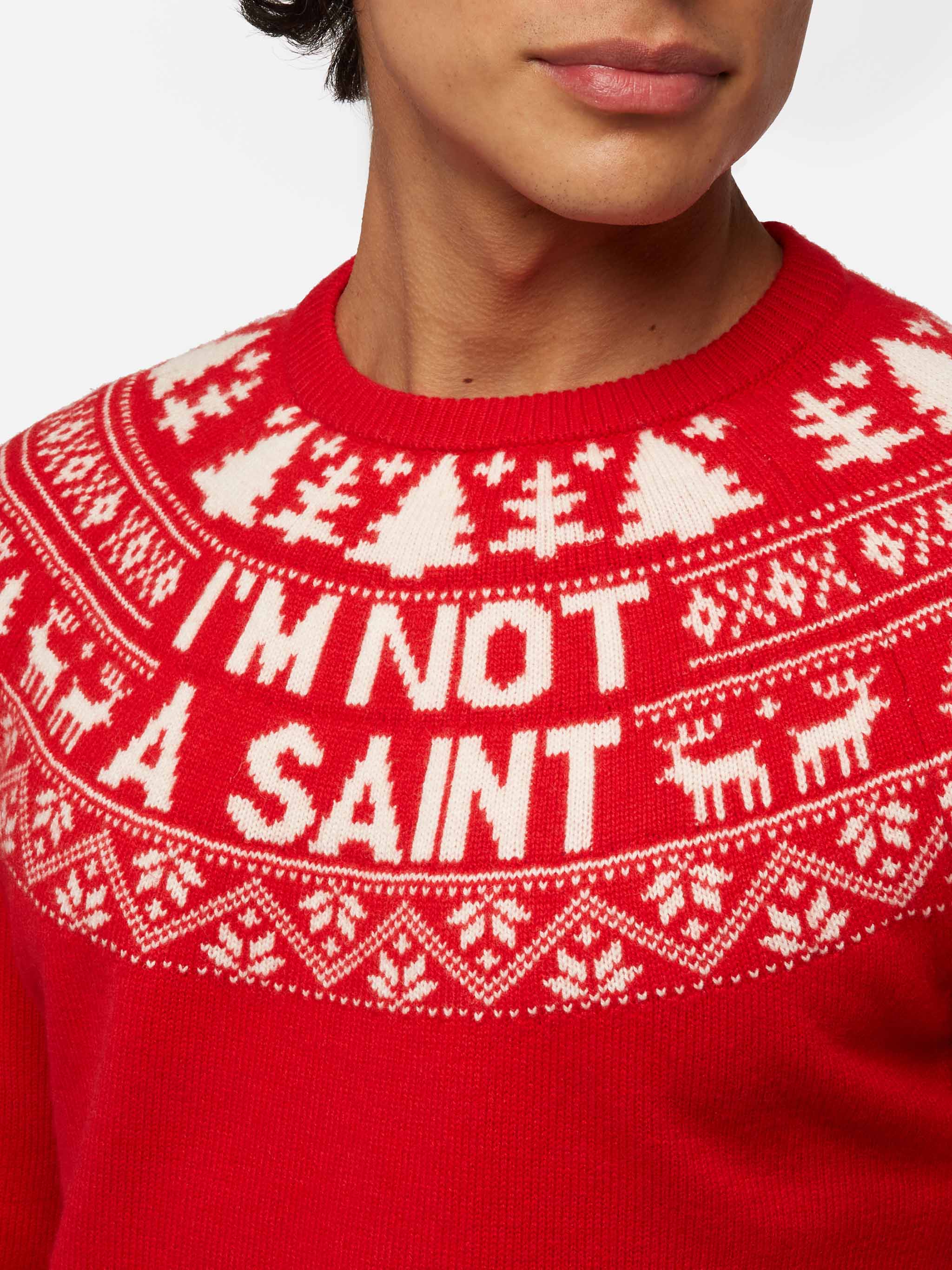 Red sweater Heron with fair isle jacquard and I'm not a Saint jacquard - Image 2