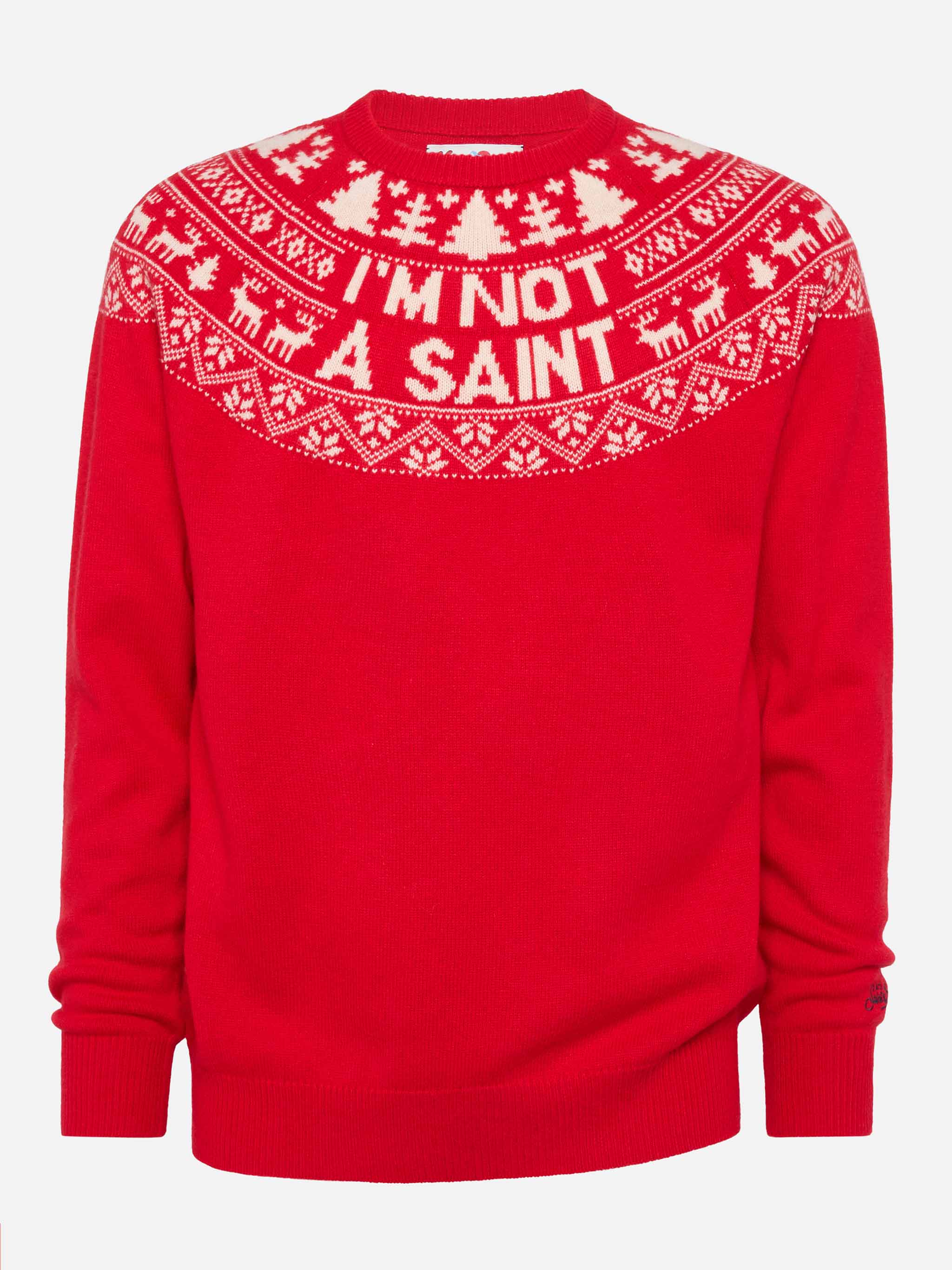 Red sweater Heron with fair isle jacquard and I'm not a Saint jacquard - Image 4
