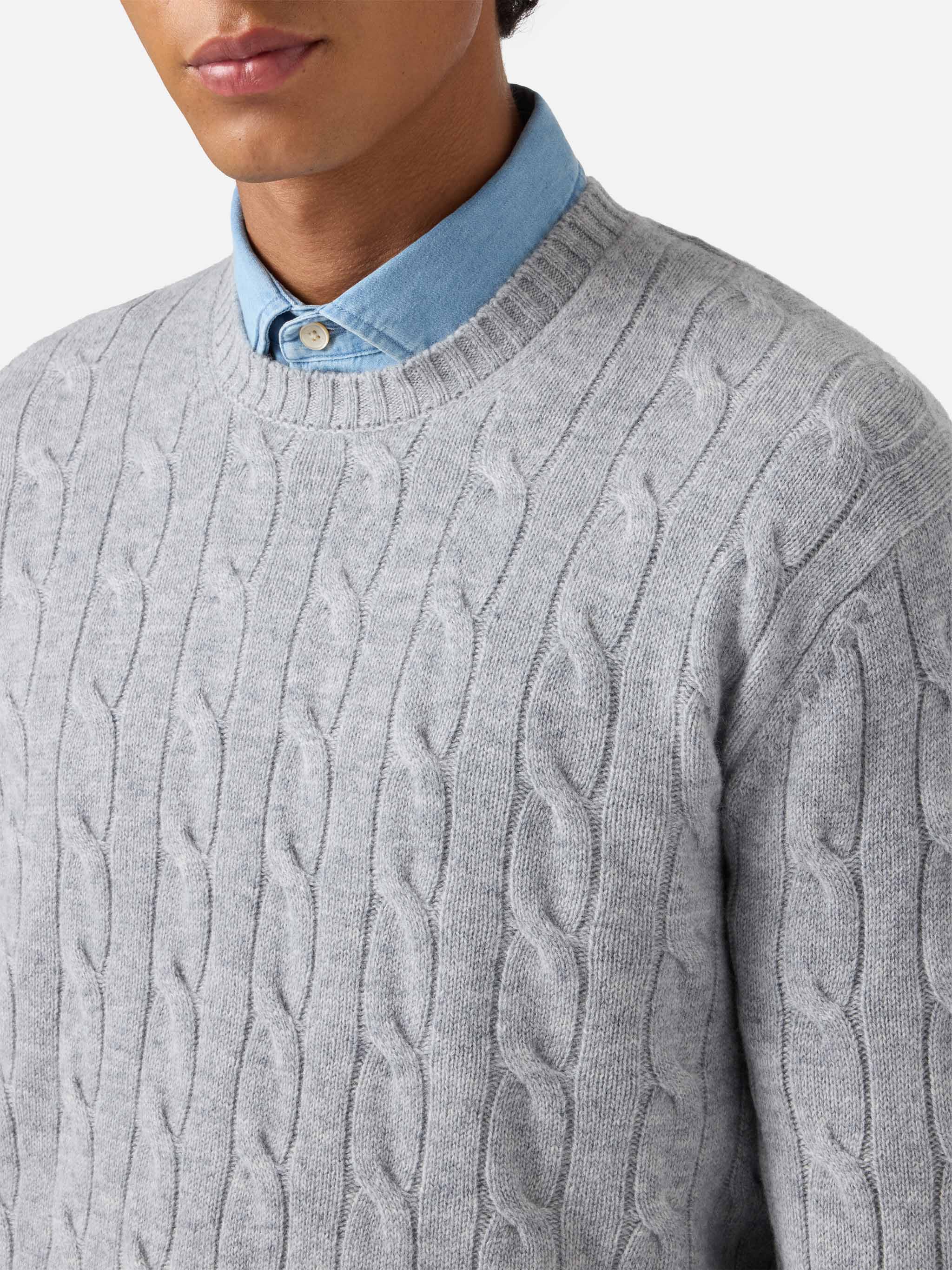 Crewneck cable-knit sweater Regent in grey melange 100% WOOL - Image 2