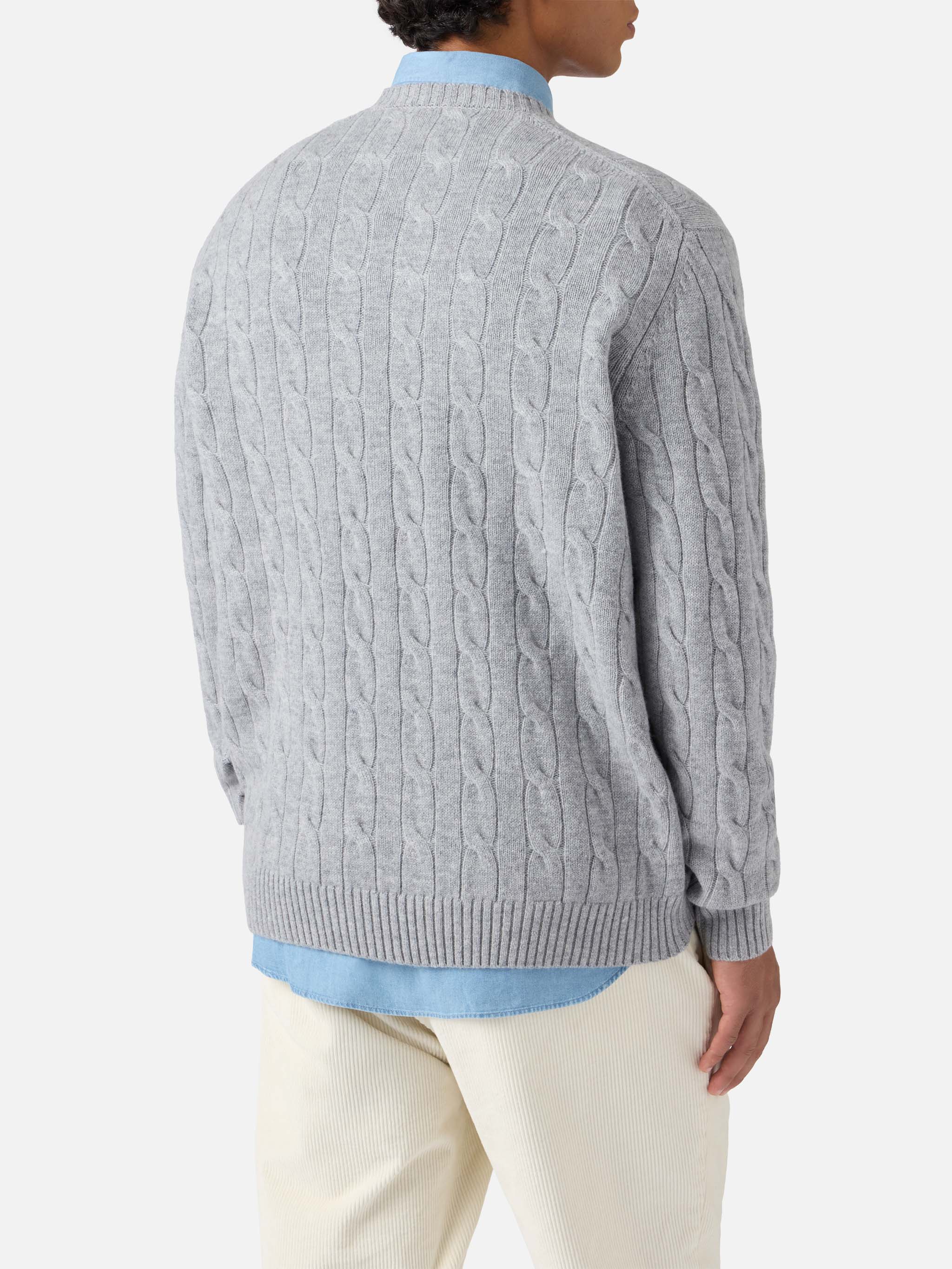 Crewneck cable-knit sweater Regent in grey melange 100% WOOL - Image 3