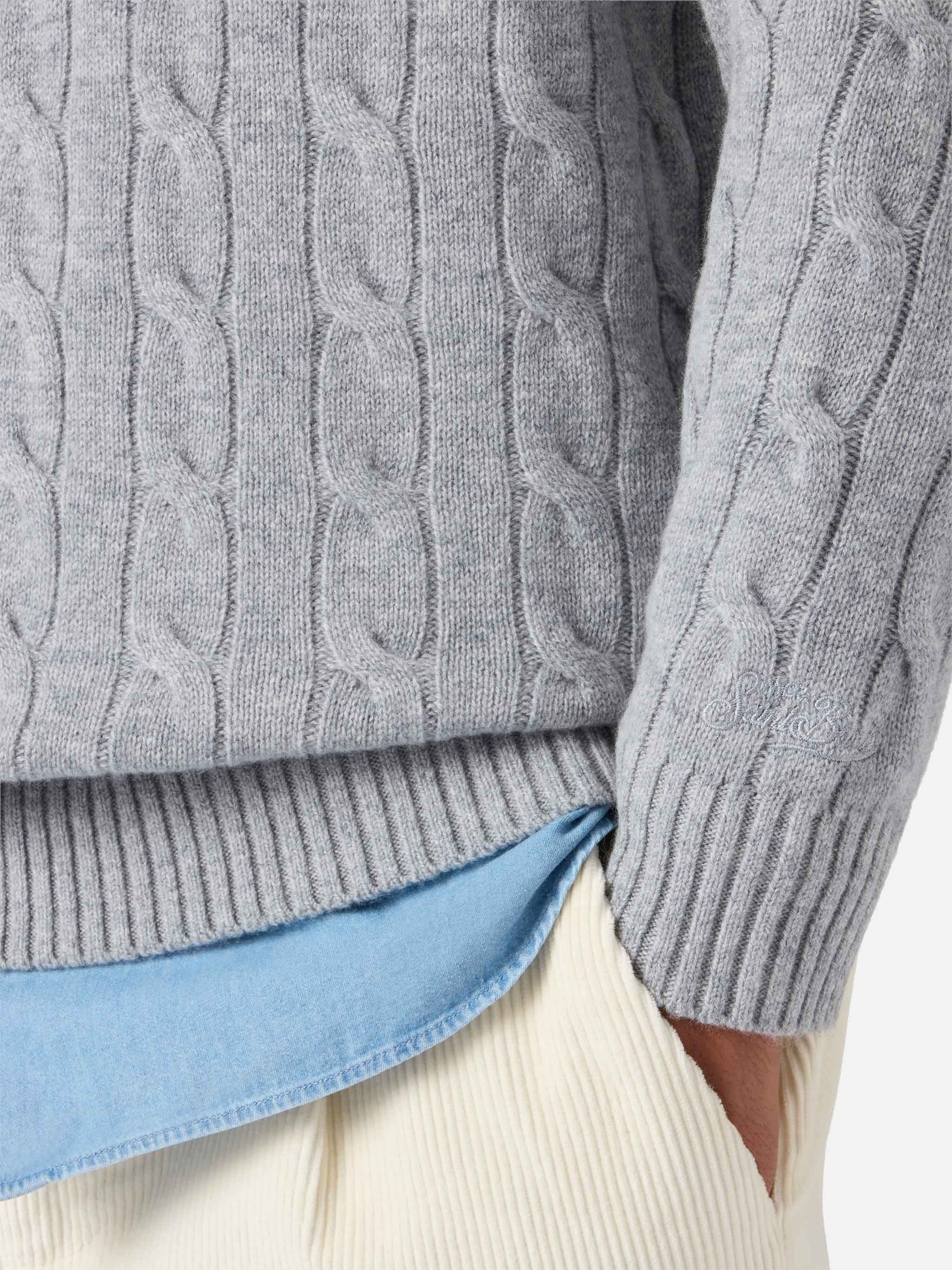 Crewneck cable-knit sweater Regent in grey melange 100% WOOL - Image 4