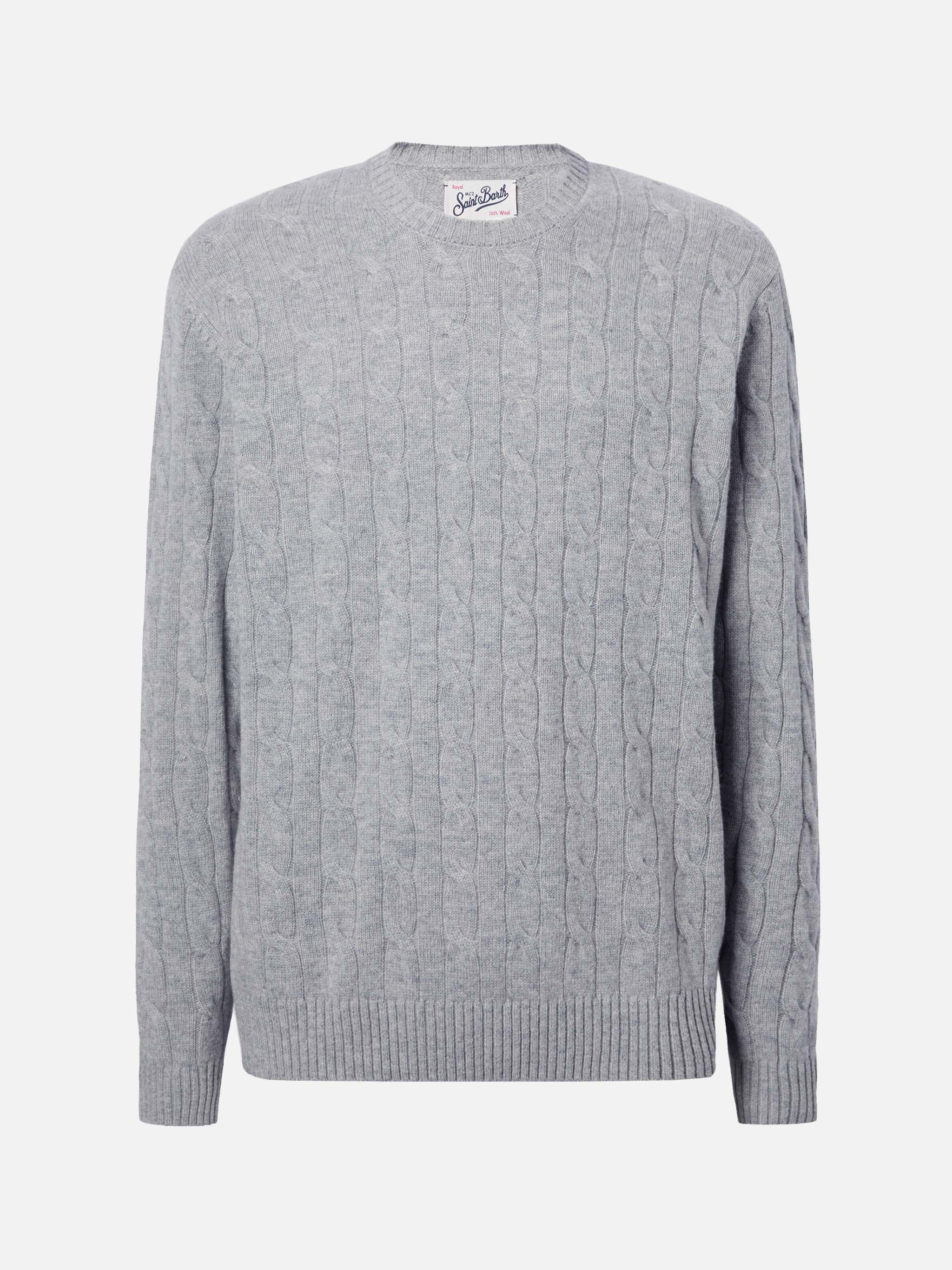 Crewneck cable-knit sweater Regent in grey melange 100% WOOL - Image 5