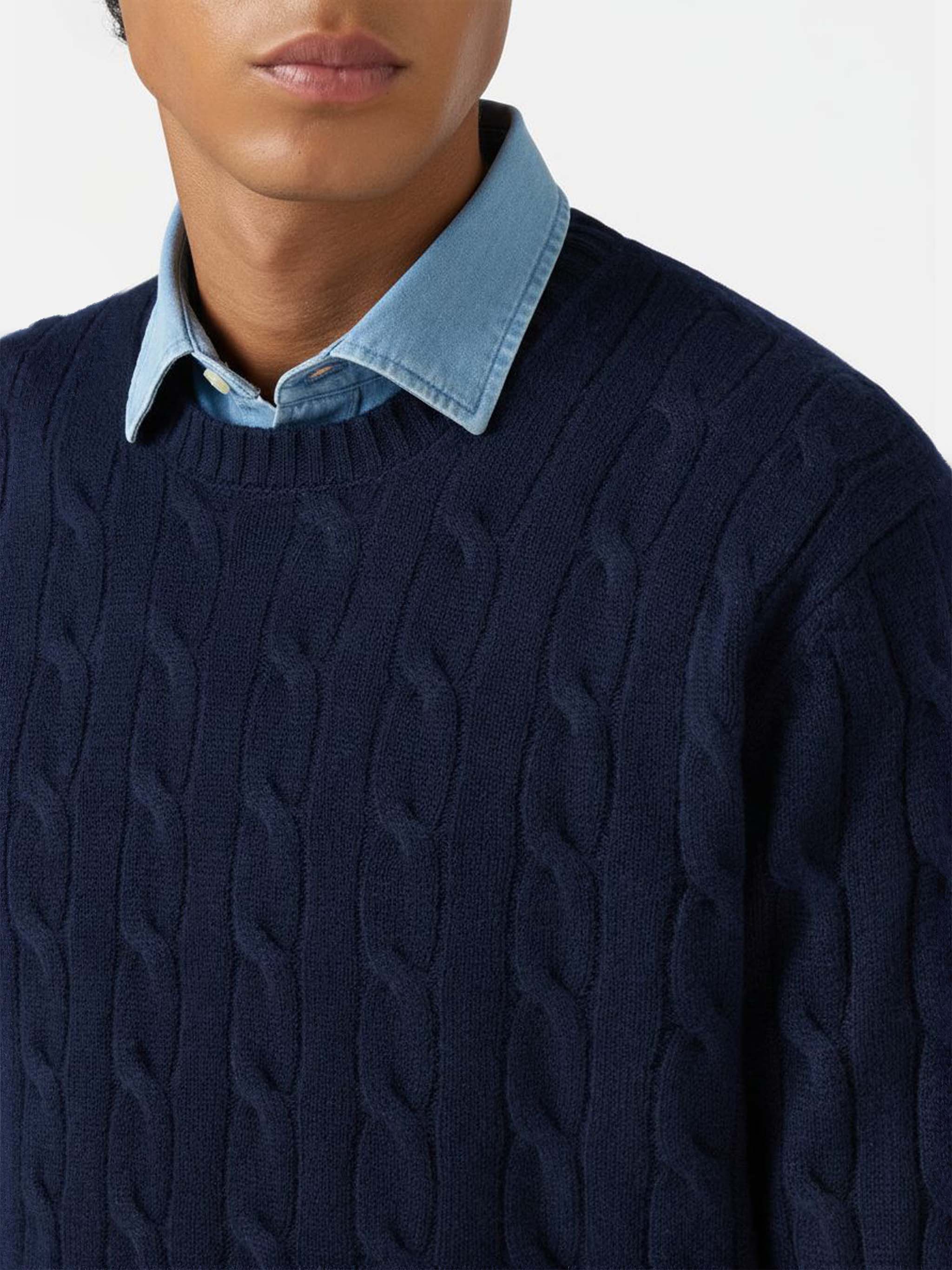 Crewneck cable-knit sweater Regent in 100% navy WOOL - Image 2