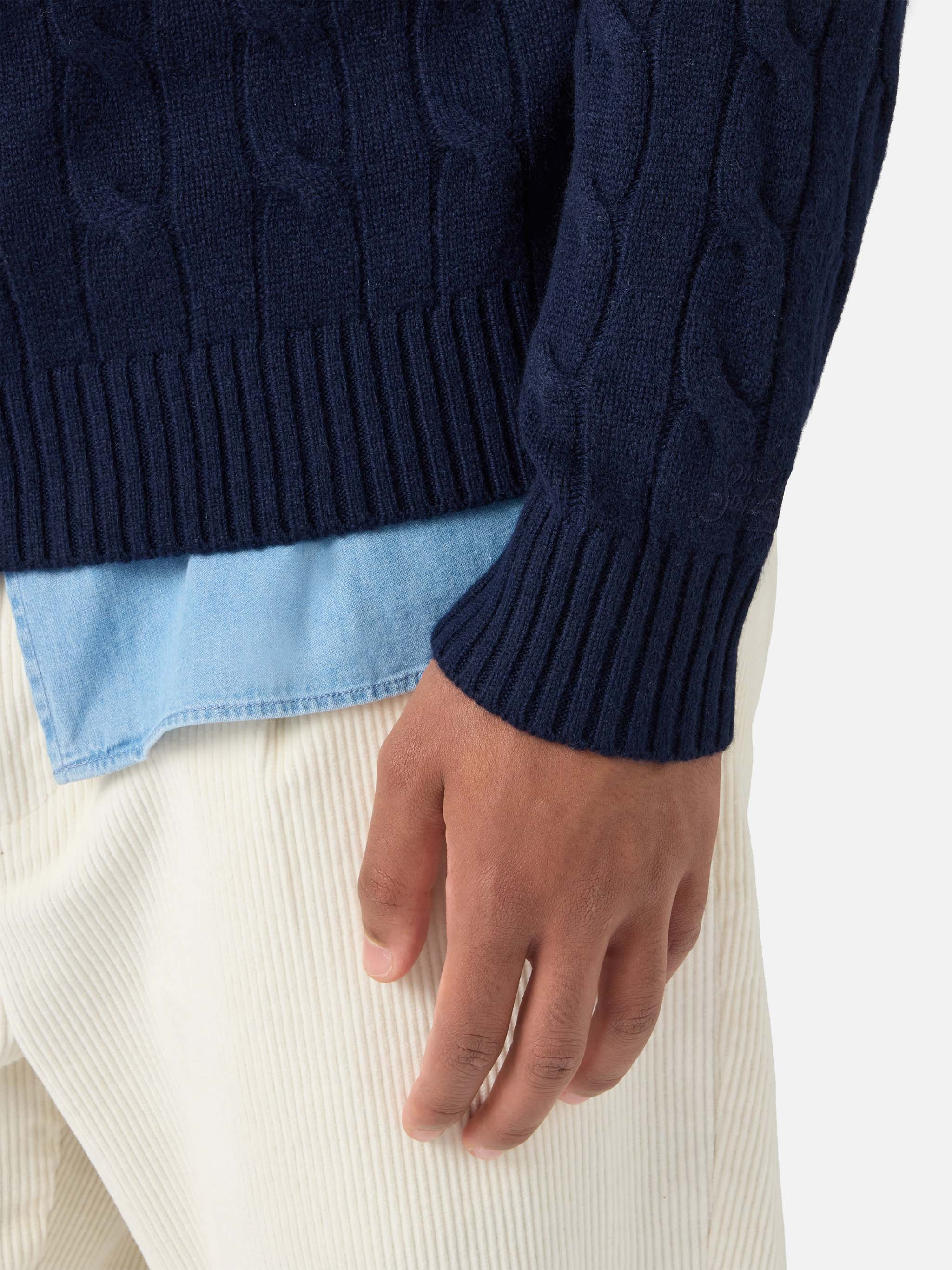 Crewneck cable-knit sweater Regent in 100% navy WOOL - Image 3